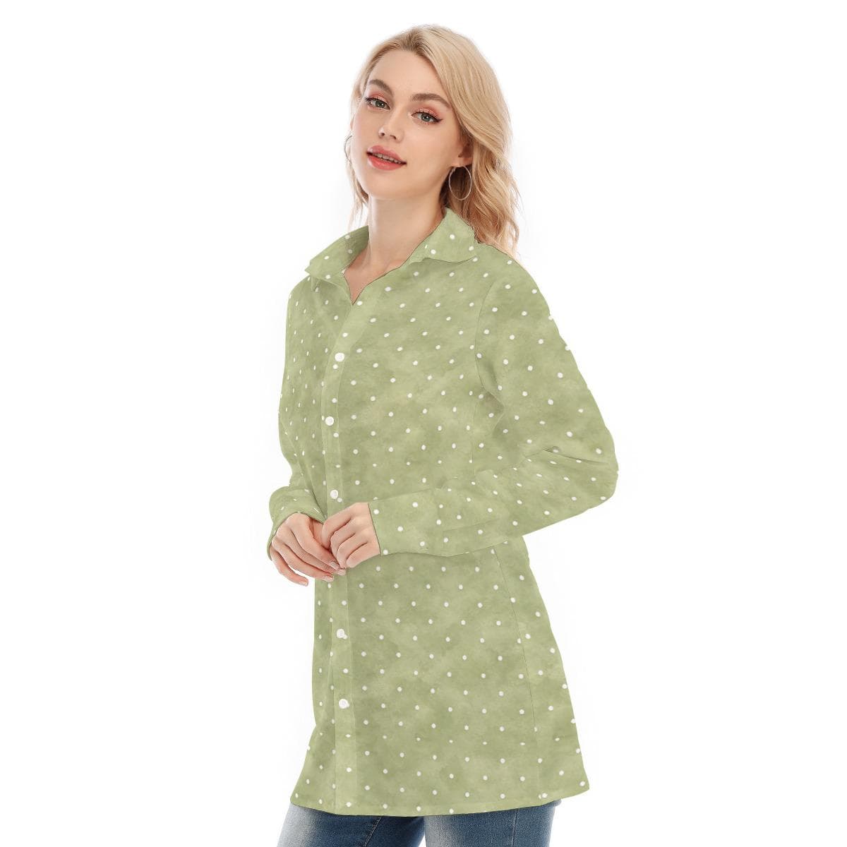 Sage Green Polka Dot Cotton Stretch Tunic Shirt Women's Button Down Top