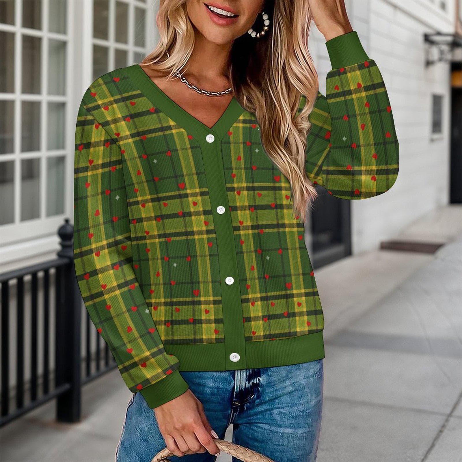 Cozy Plaid Button-Up Cardigan with Heart Accents - Warm & Stylish Knit Sweater