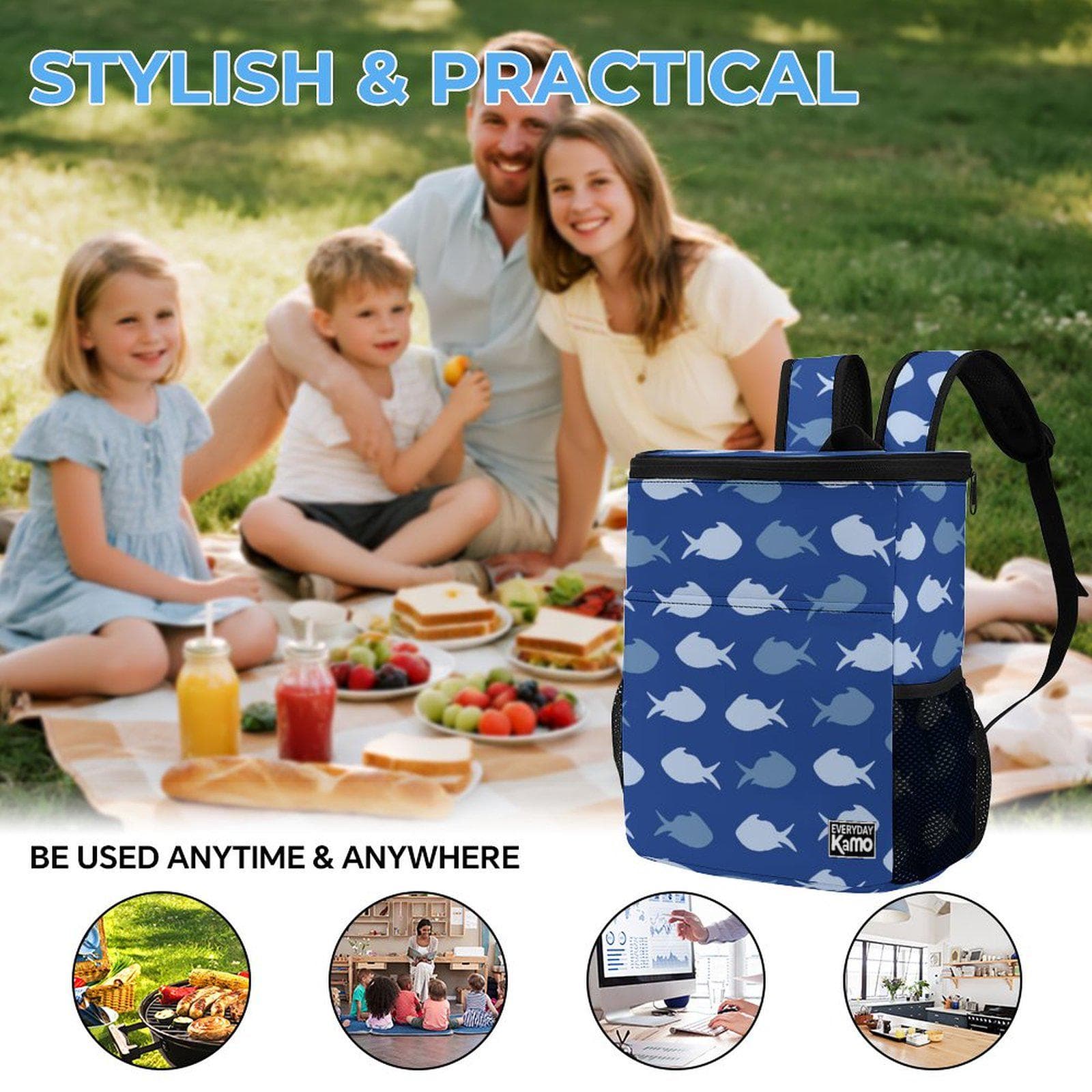 Everyday Kamo 'School of Fish' Cooler Backpack | Stylish Insulated Lunch Bag for Beach, Picnic & Daily Adventures