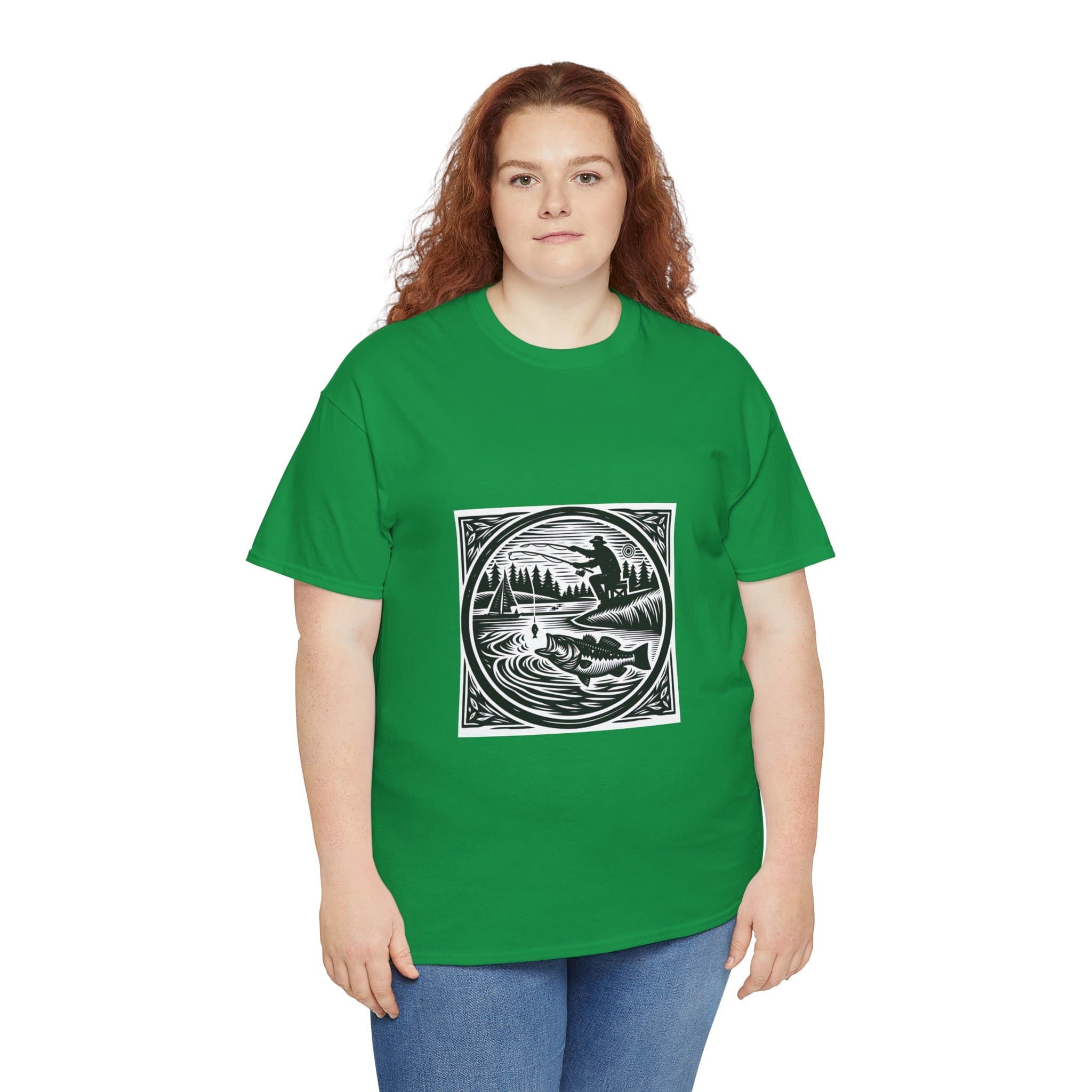 Fishing Woodcut Print T-Shirt | Bass Angler Tee | Vintage Black & White