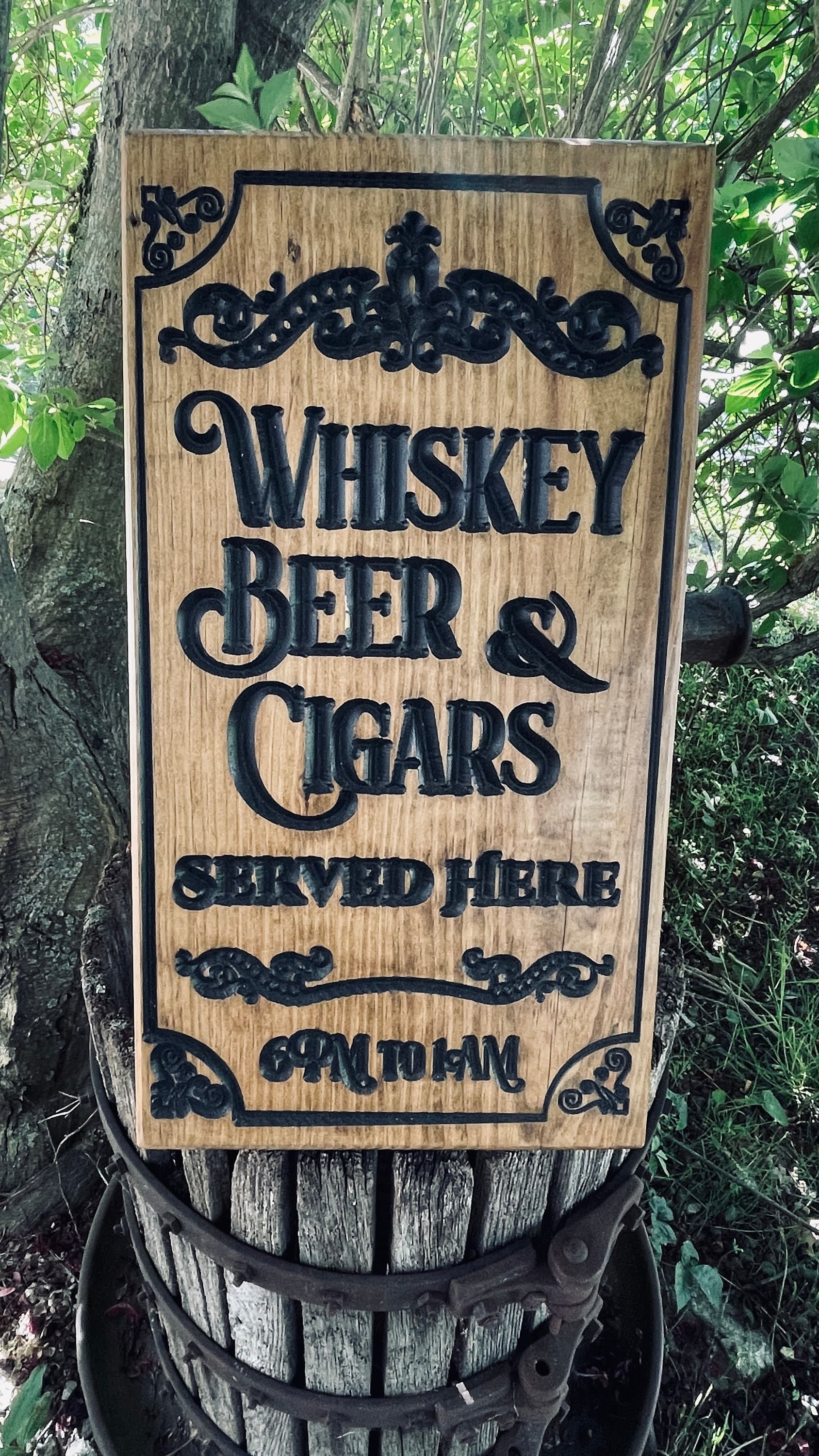 Whiskey, Beer & Cigars Vertical Carved Wood Sign
