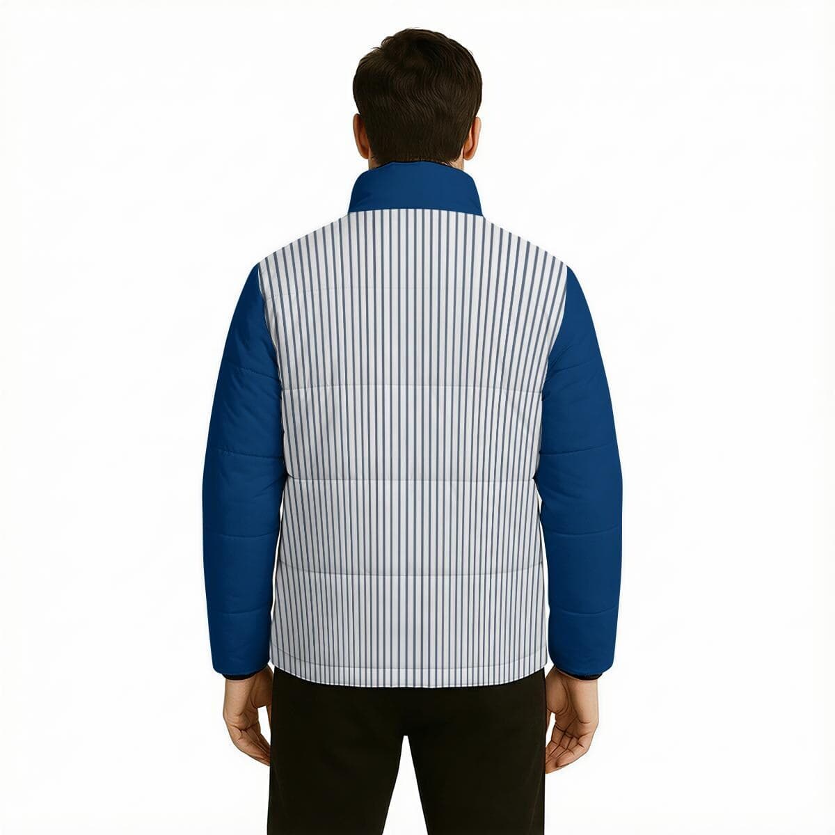 Chic Striped & Blue Puffer Jacket | Lightweight Women's Padded Winter Coat | Stylish Stand-Up Collar Outerwear