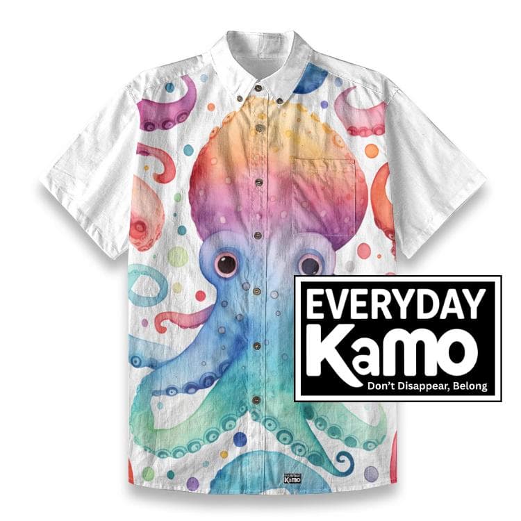Colorful Octopus Hawaiian Shirt, Slub Cotton Ocean Print Aloha Top
