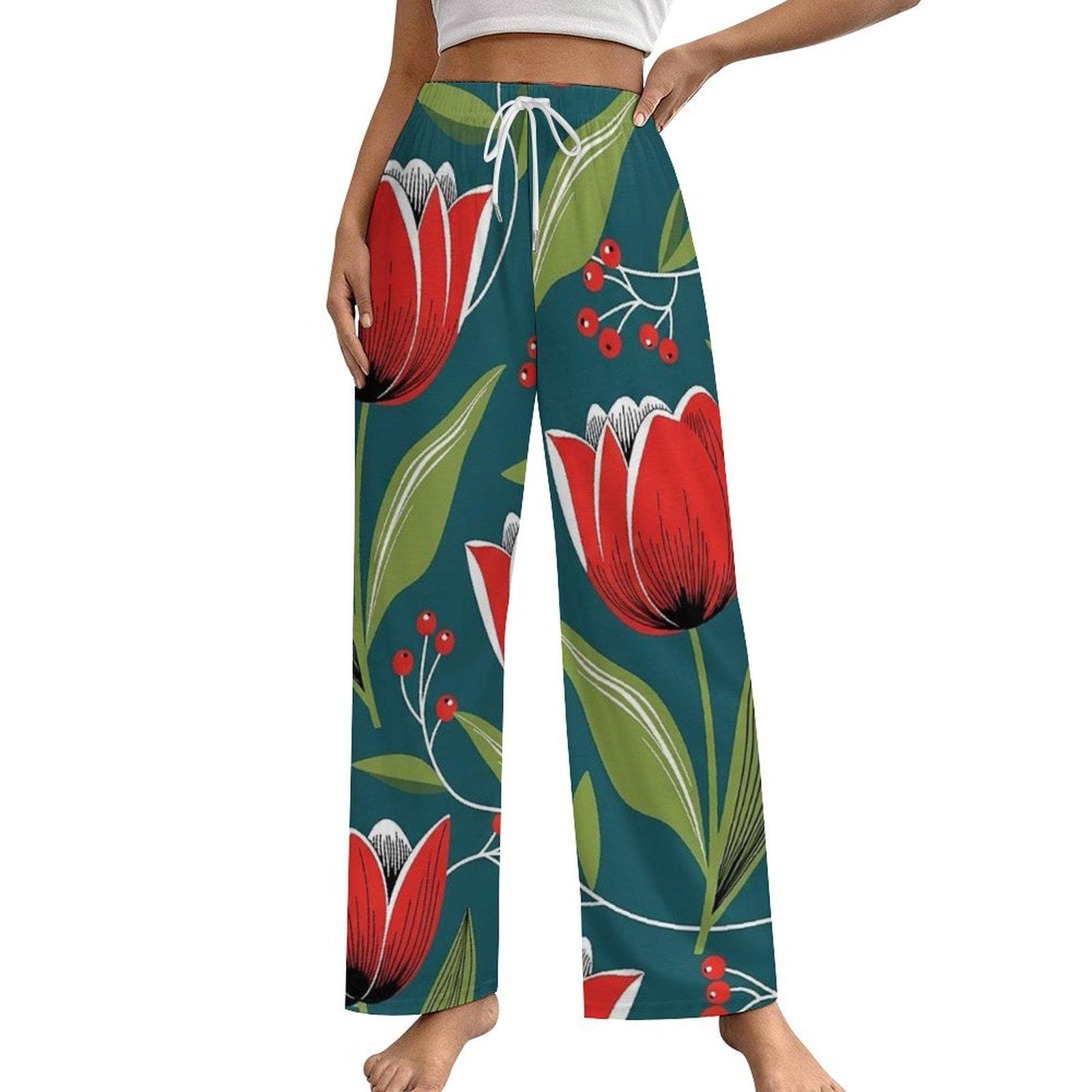 Vibrant Red Tulip Cotton Pajama Pants for Women | Soft Floral Wide Leg Lounge Wear | Breathable Sleep PJs | Cozy Gift