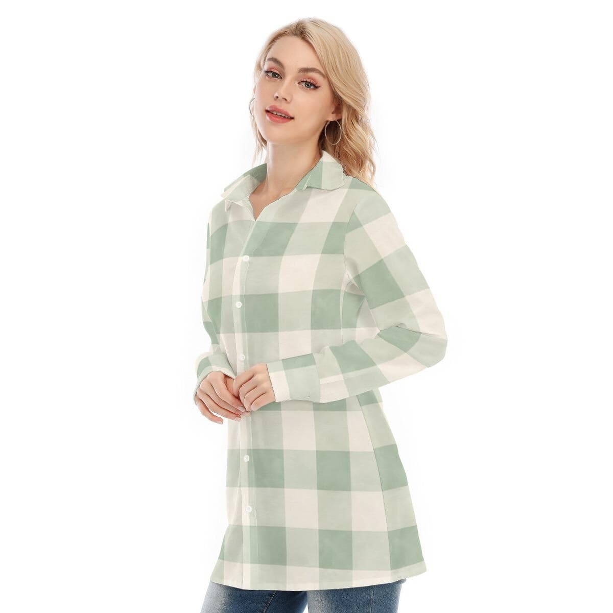 Sage Green Plaid Tunic Shirt | Women's Stretch Cotton Button-Up Top