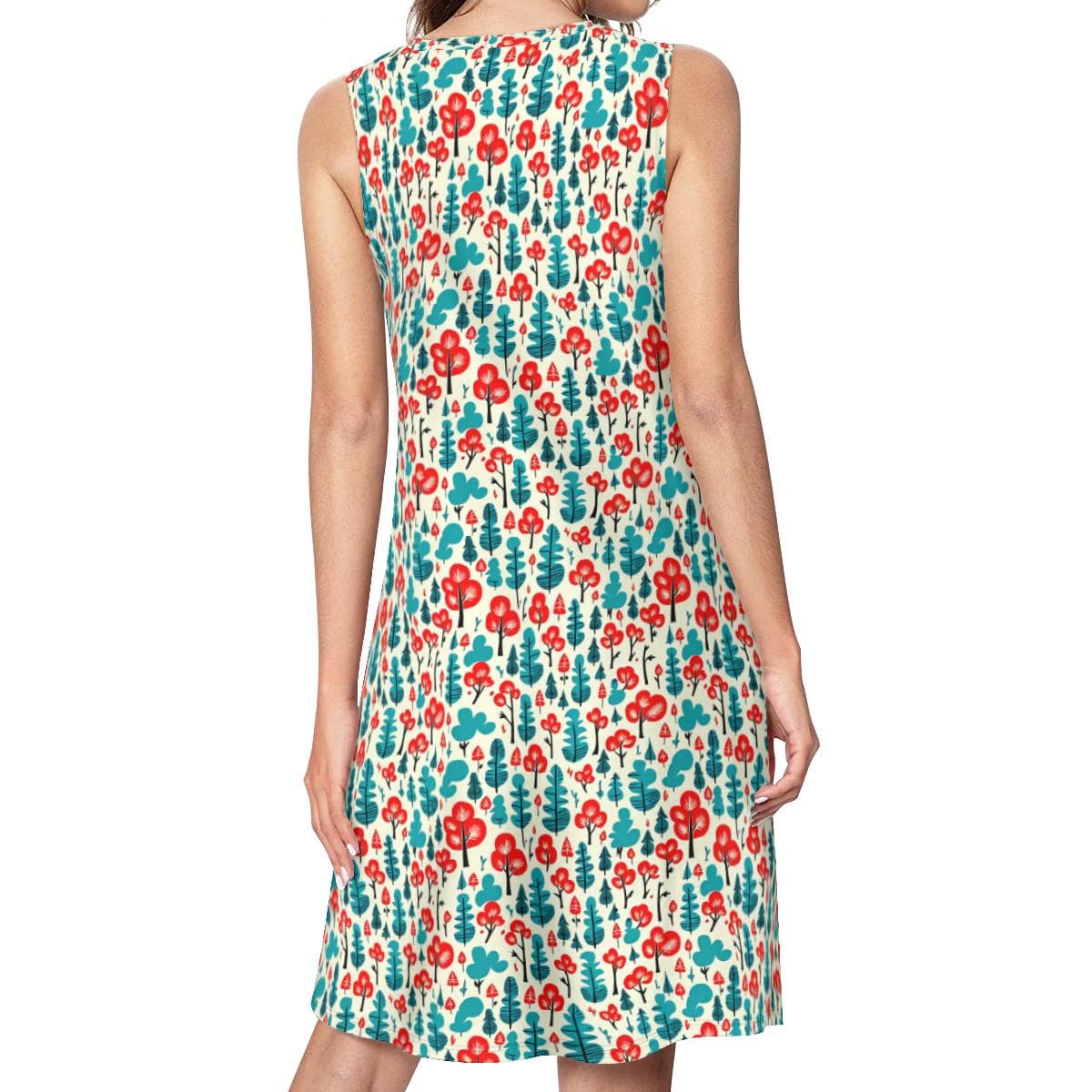 Whimsical Tree Print Sleeveless Dress with Pockets | Knee-Length Flowy Summer Casual A-Line Sundress for Women