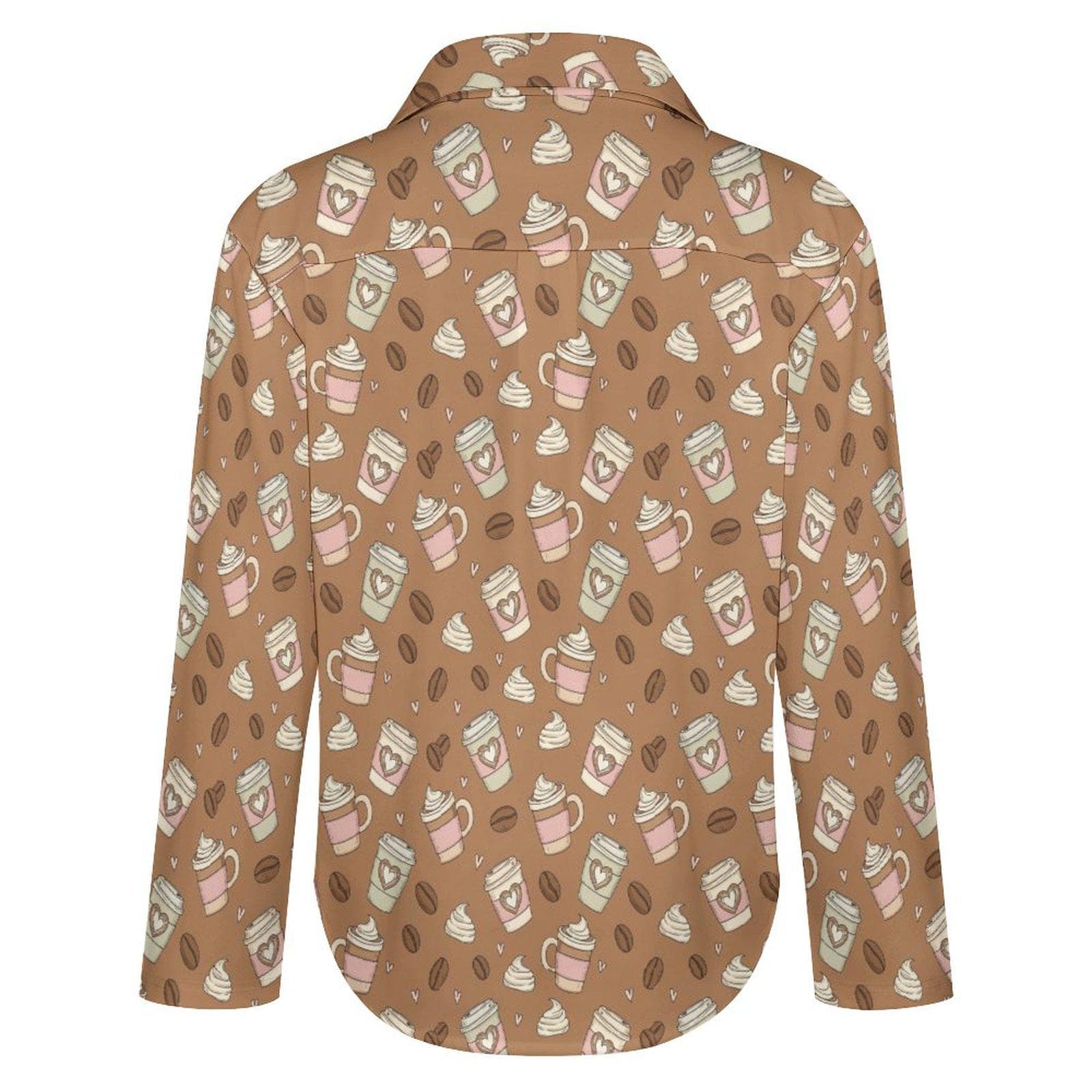 Coffee Lover Asymmetrical Hem Shirt | Women's Unique Coffee Bean & Latte Print Blouse | Casual Button-Up Top