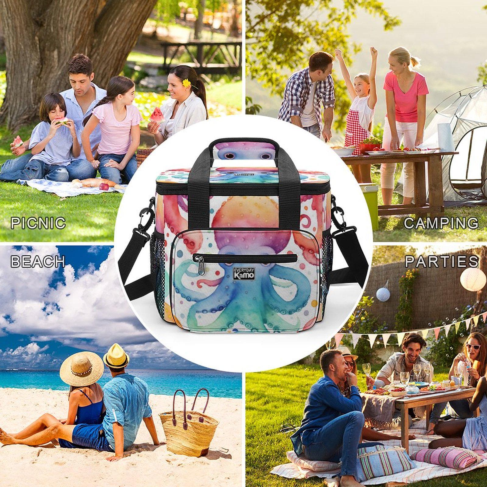 Everyday Kamo Colorful Octopus Insulated Cooler Bag | Large Collapsible Picnic & Beach Tote with Strap