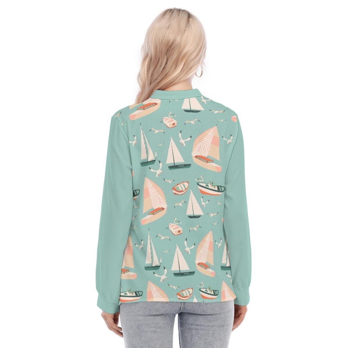 Coastal Sailboat Print Blouse | Women's Nautical Long Sleeve Button-Up Shirt | Summer Ocean Theme Top