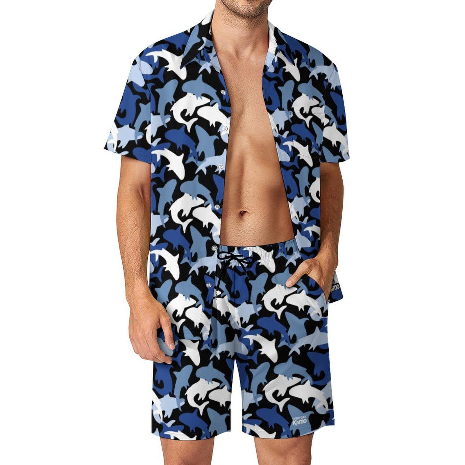 Everyday Kamo Men's Blue Ocean Camo Shirt & Shorts Set | Dolphin Shark Beach Outfit | Summer Vacation Hawaiian Two-Piece