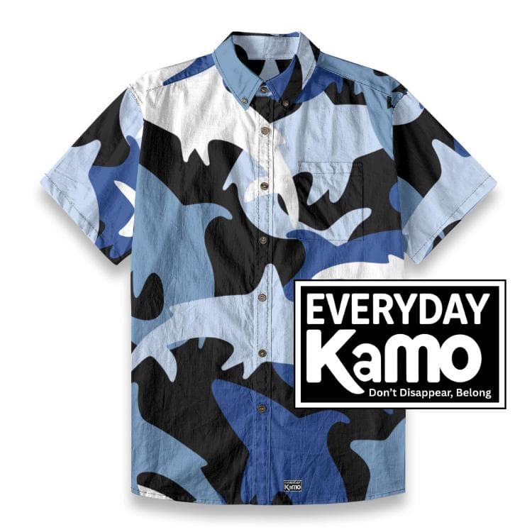 Men's Shark Camo Aloha Shirt | Blue Ocean Print, Slub Cotton