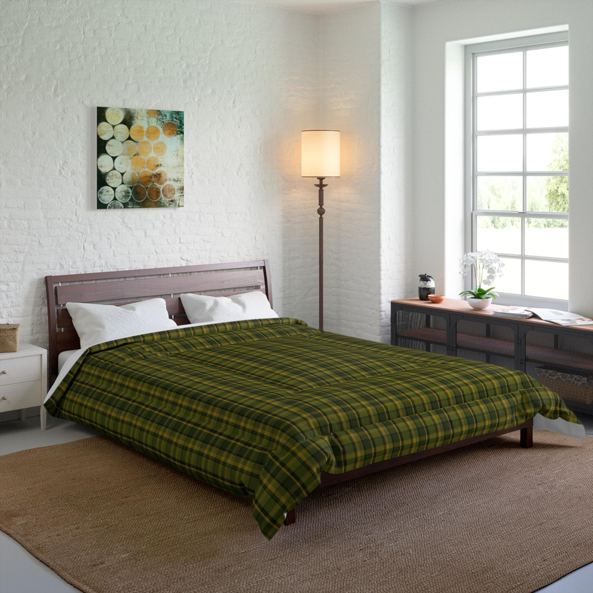 Green Plaid Comforter - Cozy Microfiber Bedding, Lodge Decor