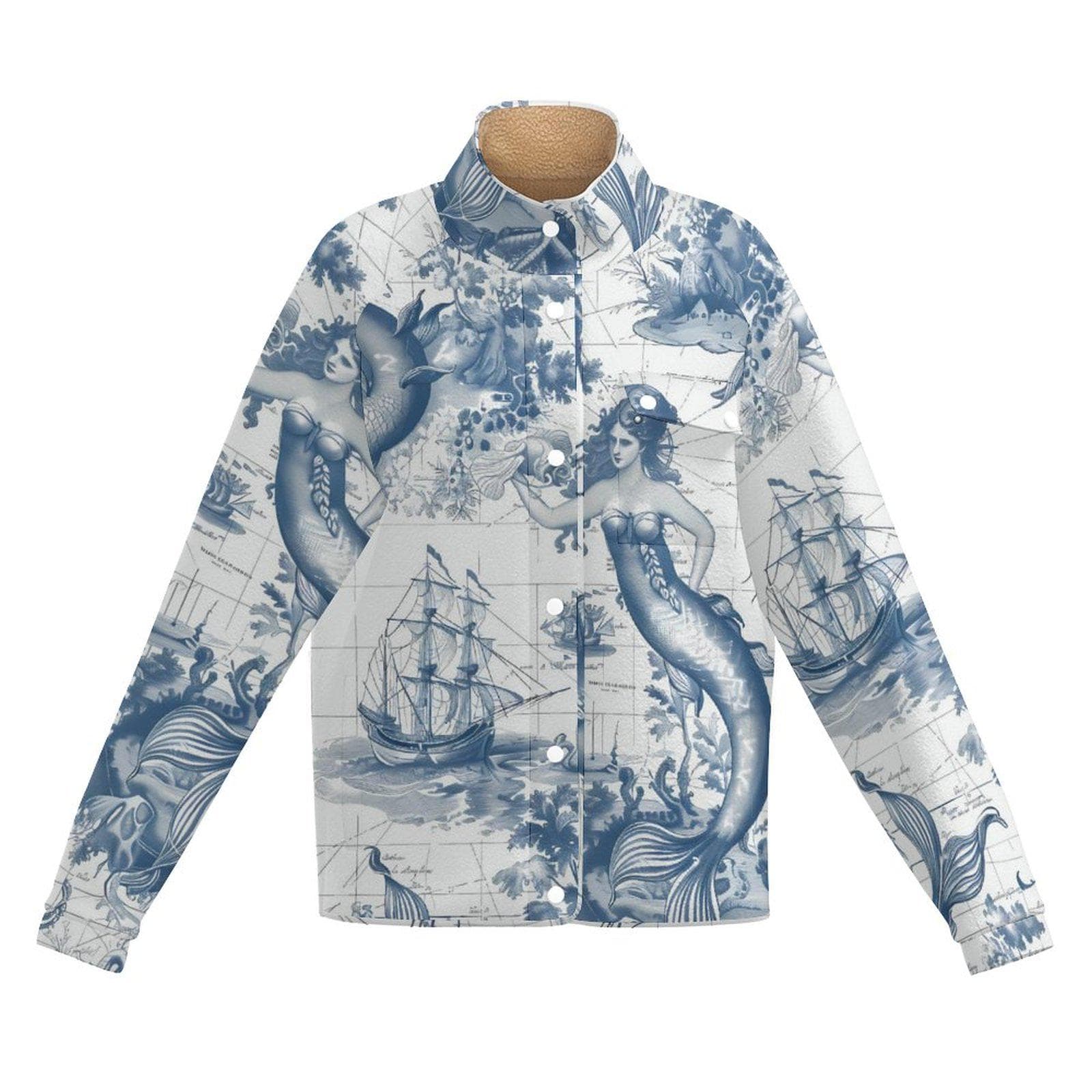 Coastal Explorer Mermaid Fleece Jacket - Nautical Map Toile Print Sherpa Lined Stand-Up Collar Cozy Outerwear
