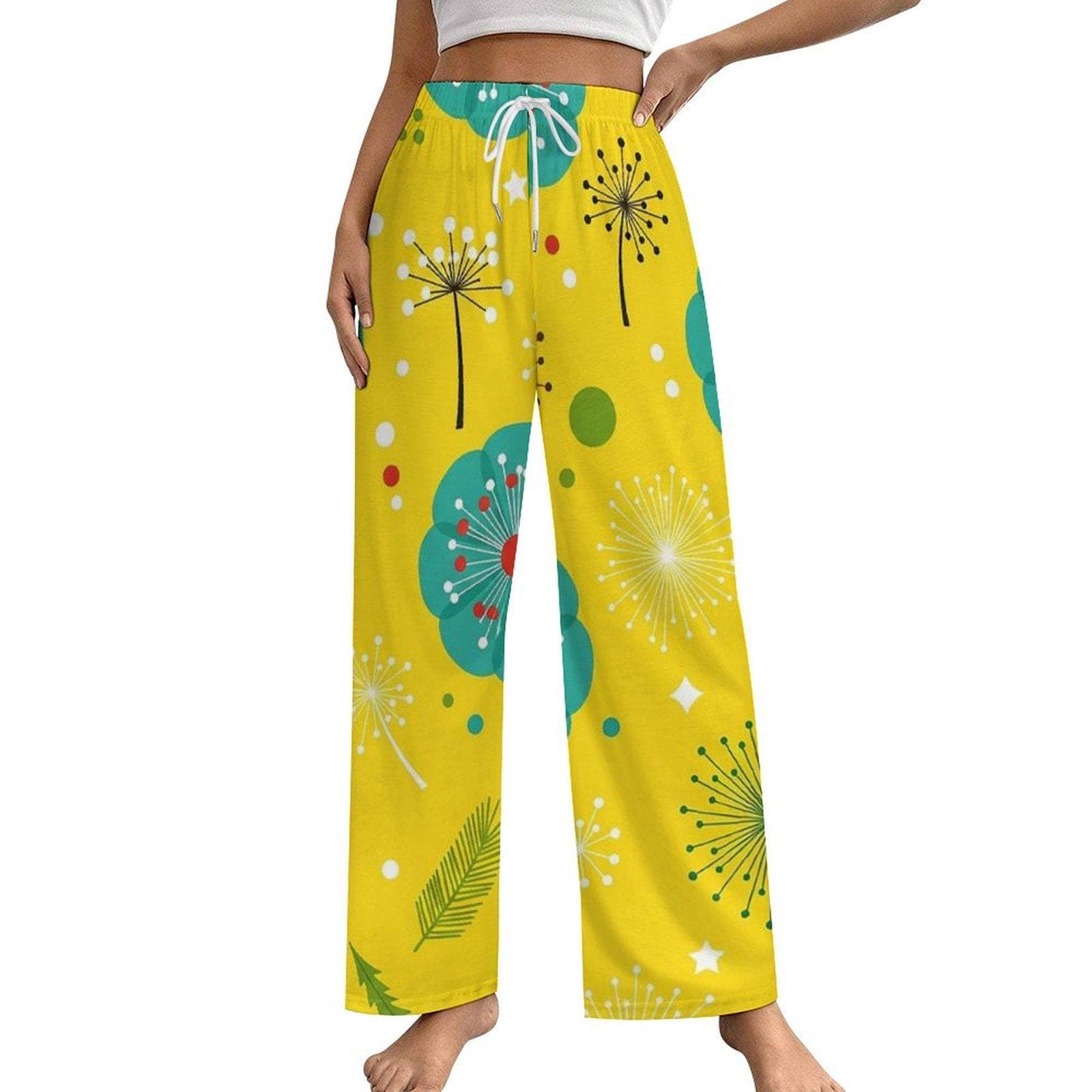 Yellow Dandelion Cotton Pajama Pants for Women, Floral Lounge Sleep Bottoms, Soft PJs, Wide Leg, DTG Printed Gift