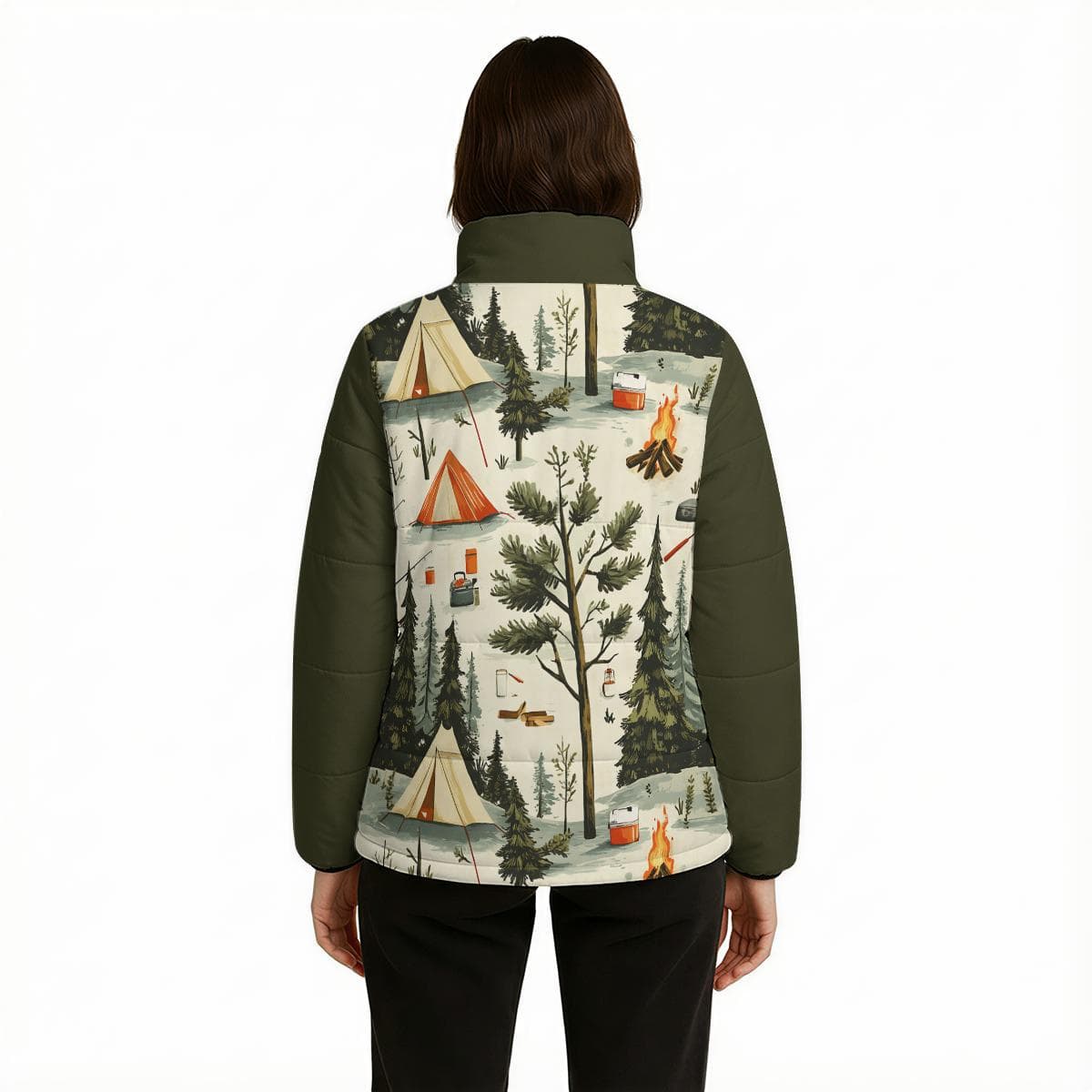 Wanderlust Camping Puffer Jacket | Women's Cozy Forest Print Quilted Coat | Nature Adventure Lightweight Outerwear