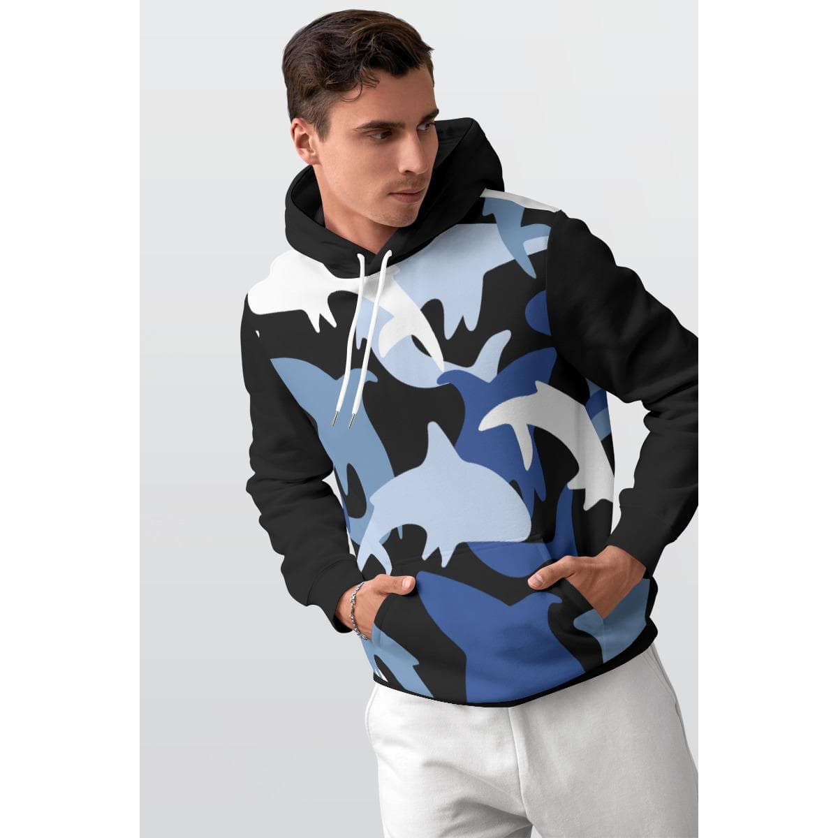 Men's Blue Dolphin Hoodie | Ocean Animal Fleece Lined Pullover | Warm Graphic Sweatshirt | Nautical Streetwear