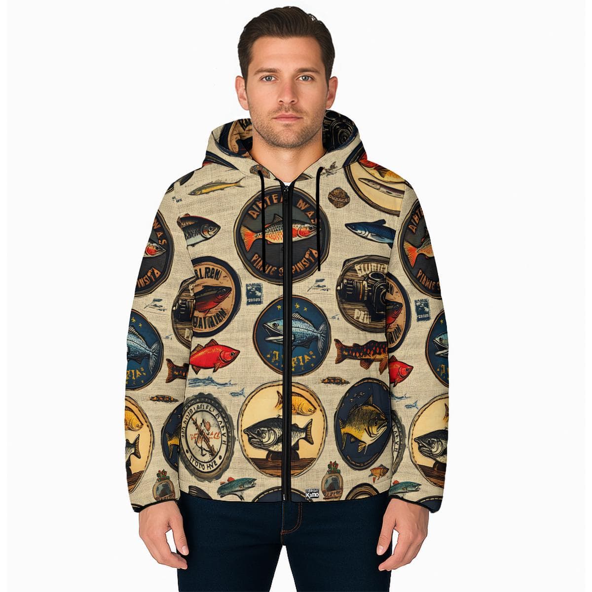 Vintage Fishing Print Puffer Jacket | Angler Hooded Windbreaker | Women's Unique Fish Pattern Winter Coat