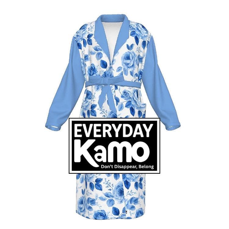 Blue Rose Floral Jersey Robe | Women's Cozy Loungewear Bathrobe with Pockets & Tie