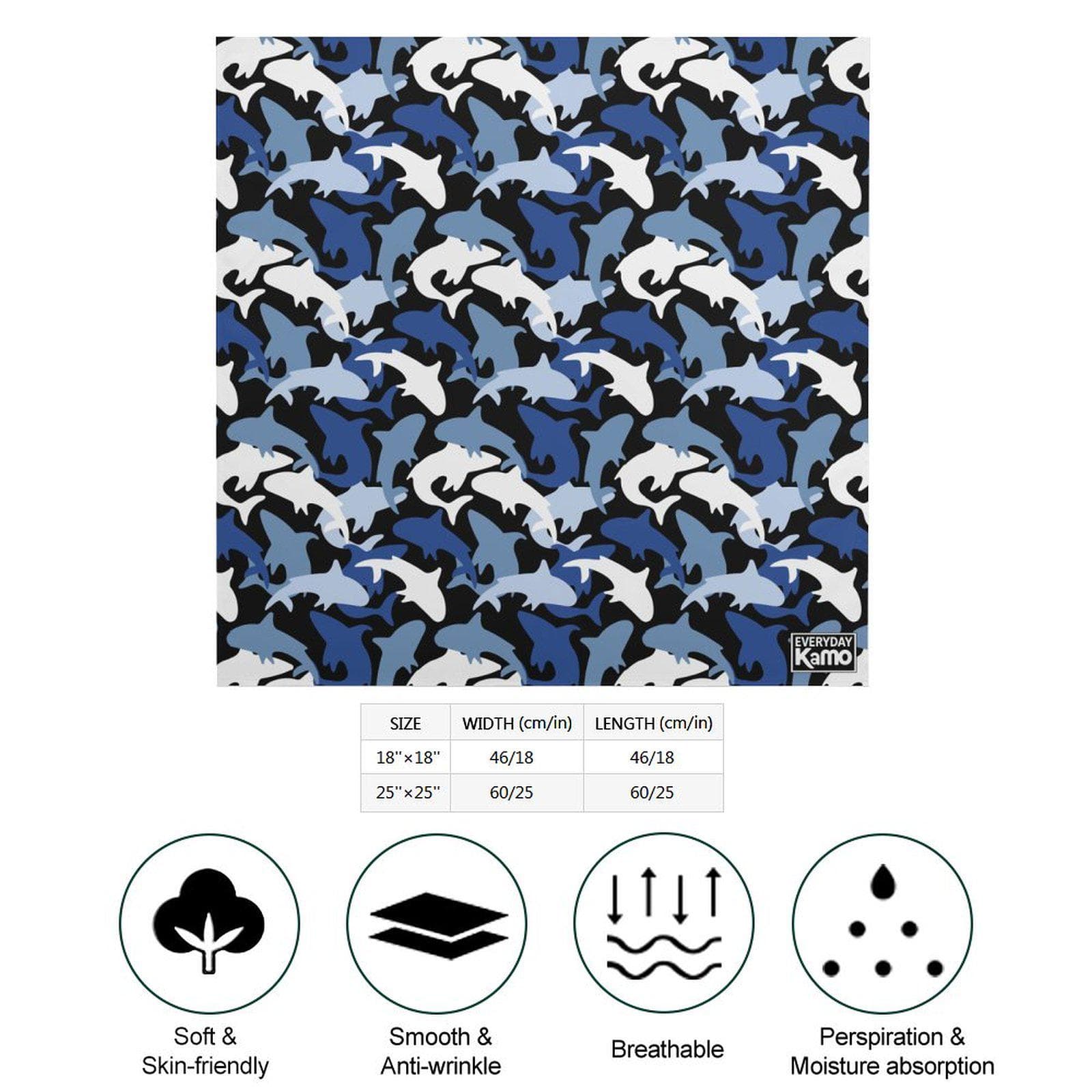 Everyday Kamo Blue Shark Camo Bandana | Silky Soft Imitated Silk Square Scarf | Versatile Ocean Print Neck Hair Accessory