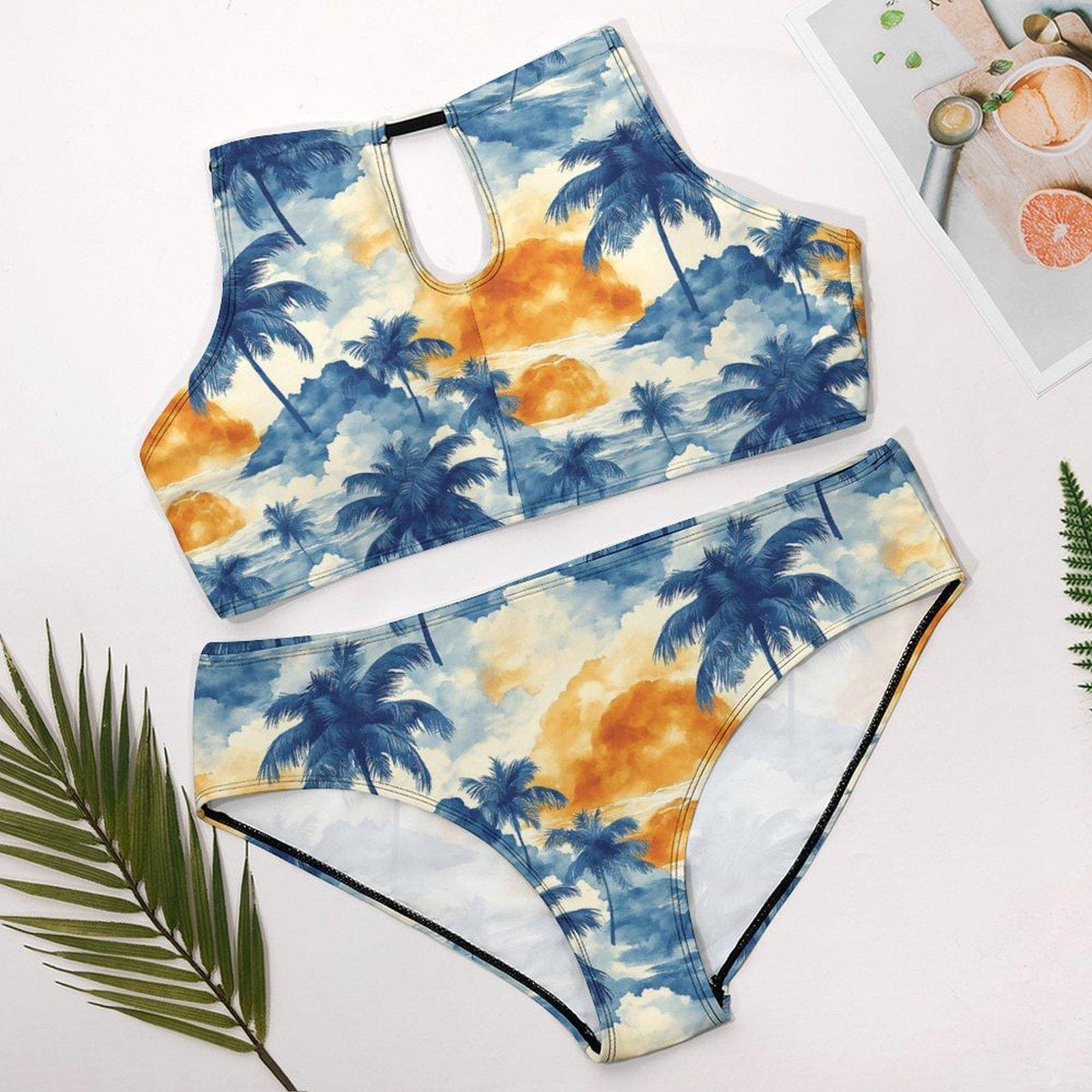 Sunset Paradise Plus Size Halter Bikini Set - Tropical Palm Print Swimwear