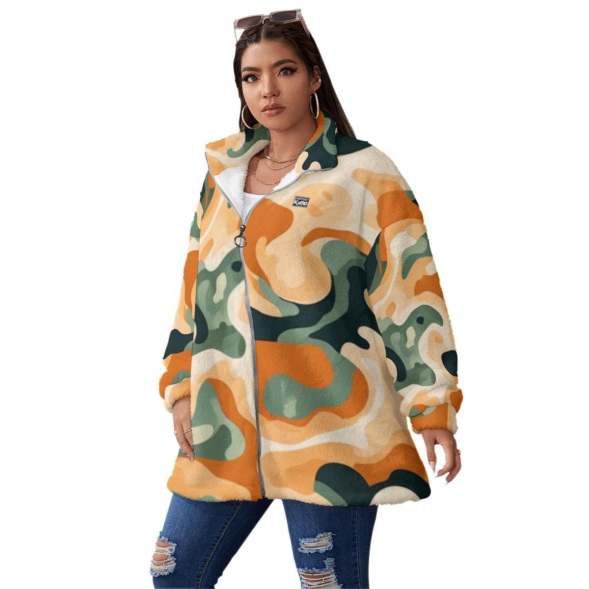 Abstract Camo Borg Fleece Jacket, Oversized Sherpa Coat