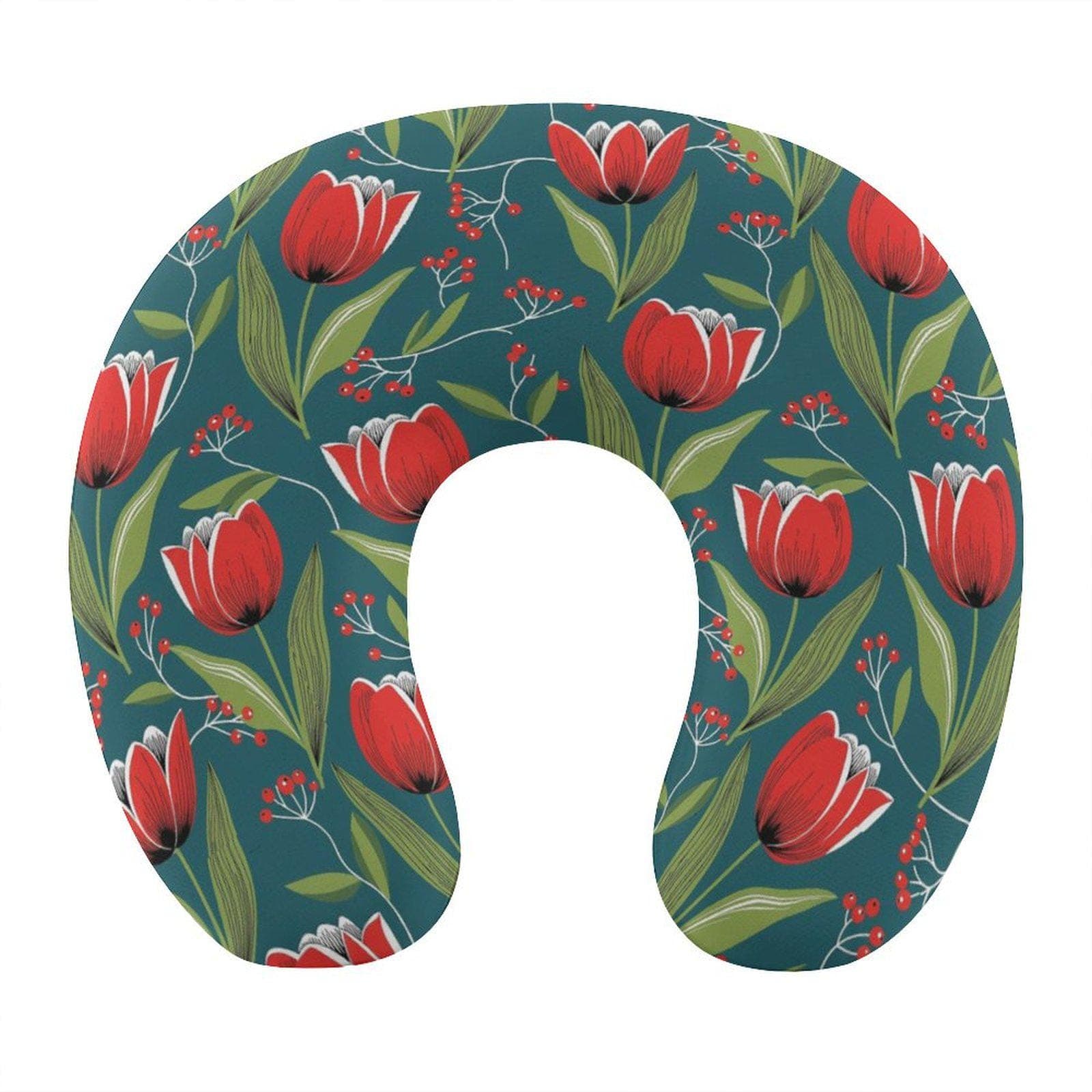 Teal Red Tulip Memory Foam Neck Pillow | Floral Travel Comfort, Home Relaxation | Detachable Cover for Neck Pain Relief