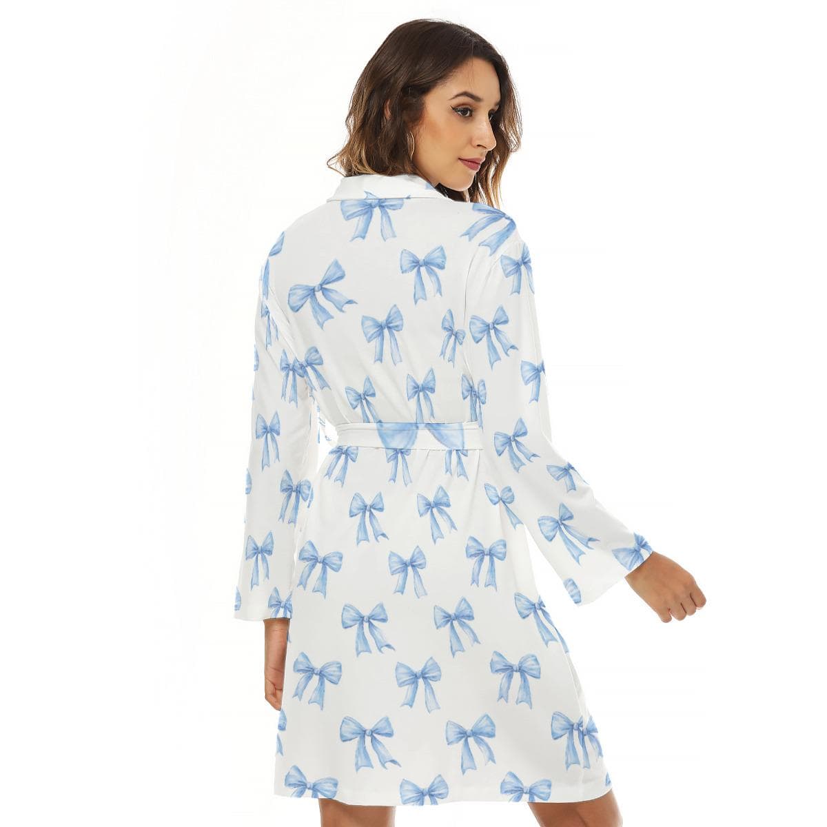 Blue Bow Print Jersey Robe | Women's Loungewear with Pockets
