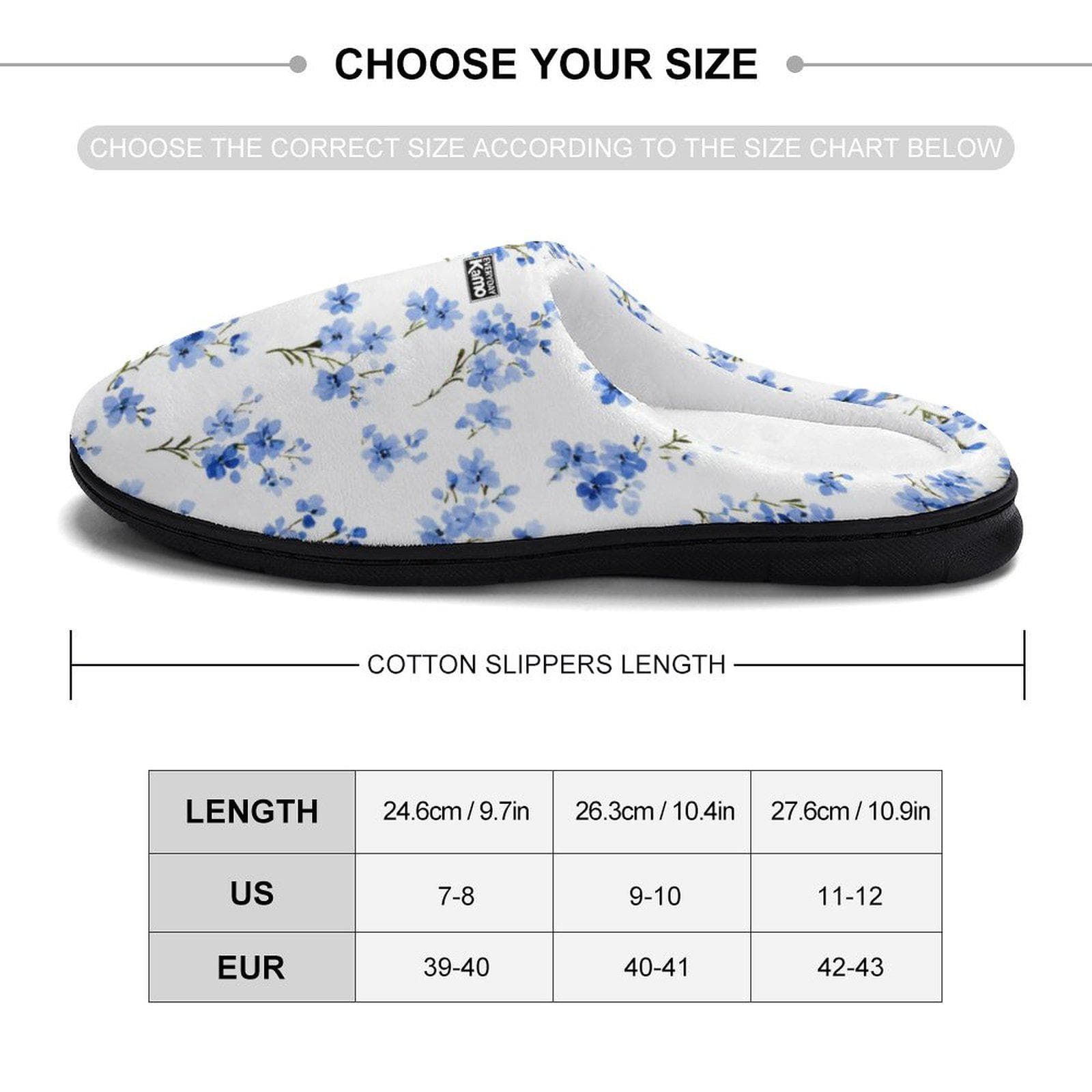 Everyday Kamo Blue Blossom Cotton Slippers - Cozy Floral House Shoes with Anti-Skid Sole, Perfect Gift for Her
