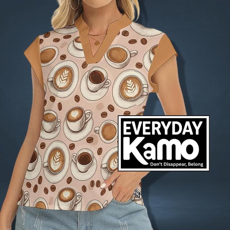 Coffee Lover V-Neck Top - Cute Latte Art & Coffee Bean Print