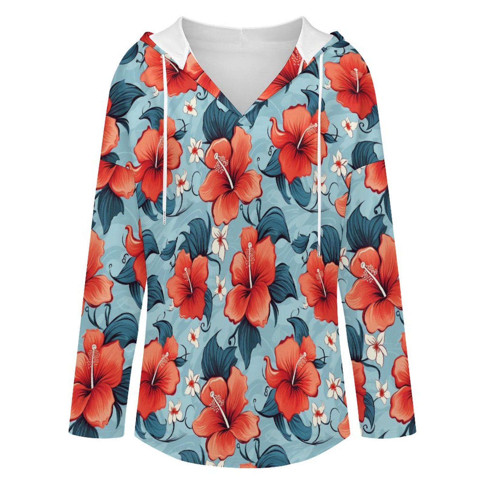 Women's Tropical Hibiscus V-Neck Hoodie | Floral Hawaiian Print Long Sleeve Pullover Tunic | Loose Fit Cozy Gabardine Sweatshirt