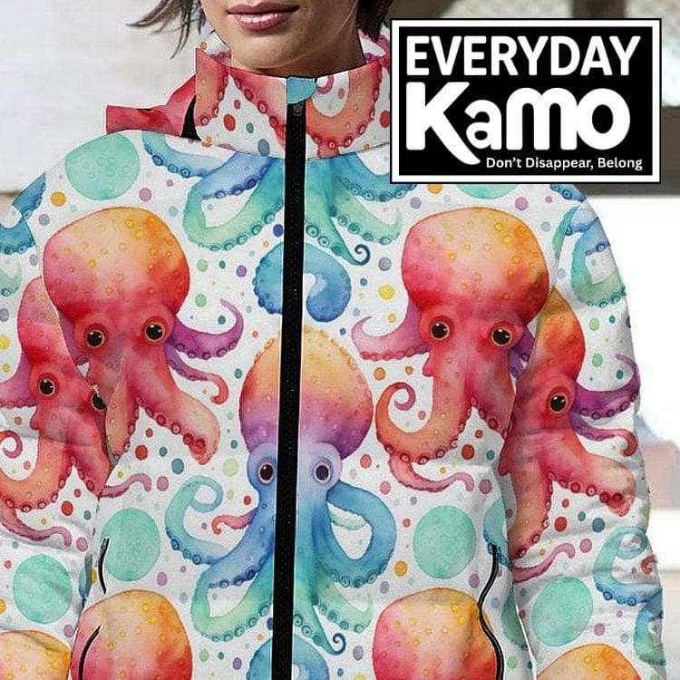 Vibrant Watercolor Octopus Puffer Jacket | Cozy Marine Life Full-Zip Outerwear | Removable Hood