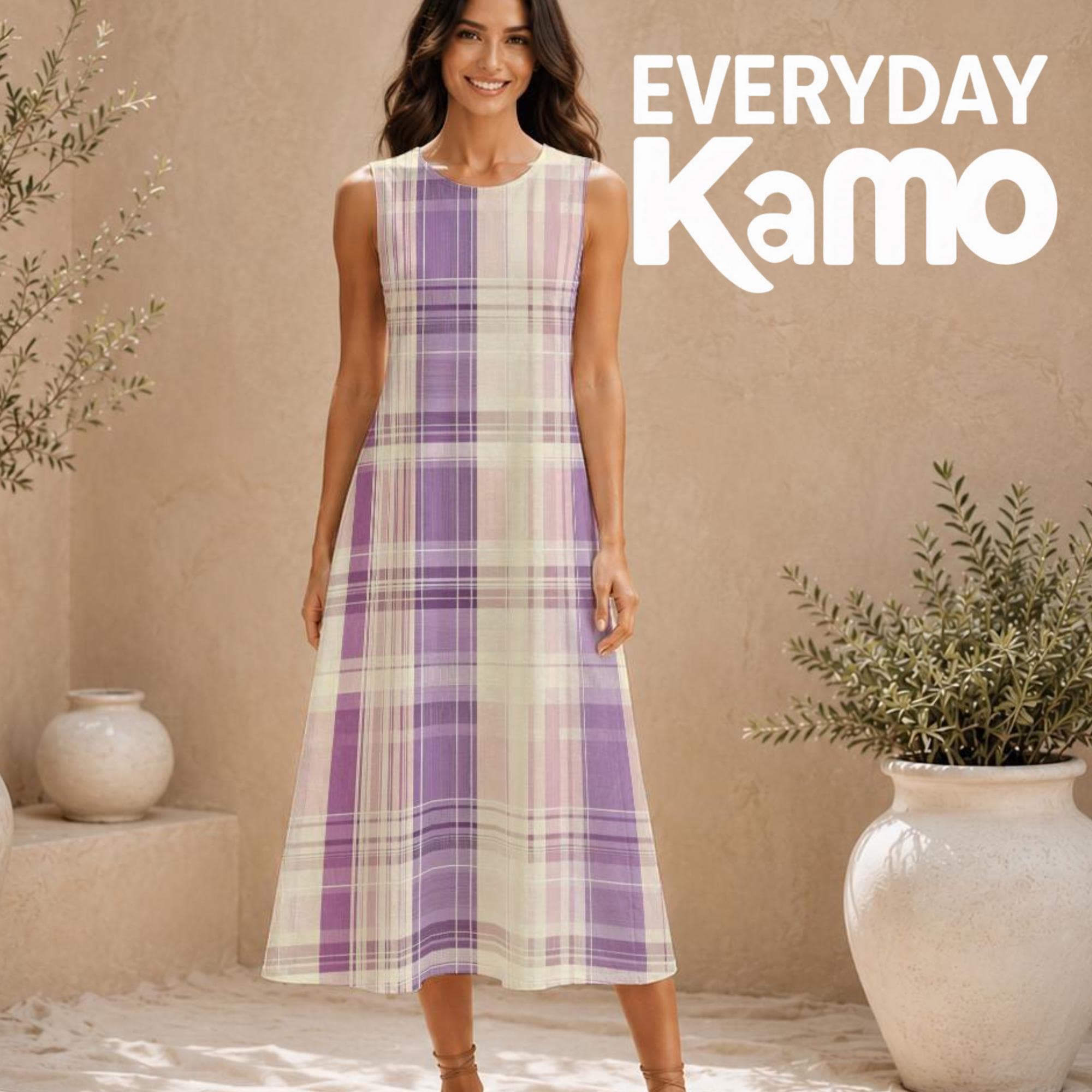 Purple Plaid Sleeveless Midi Dress, Cotton Slub A-Line Summer Sundress, Lightweight Textured Casual Maxi