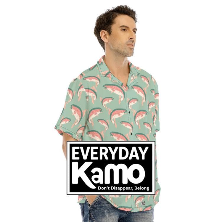 Men's Salmon Trout Hawaiian Shirt | Mint Green Fishing Aloha Shirt | Summer Short Sleeve Button Down | Angler Gift