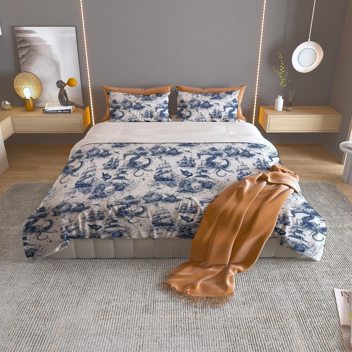 Nautical Sea Monster Duvet Cover Set - Vintage Pirate Ship & Kraken Bedding