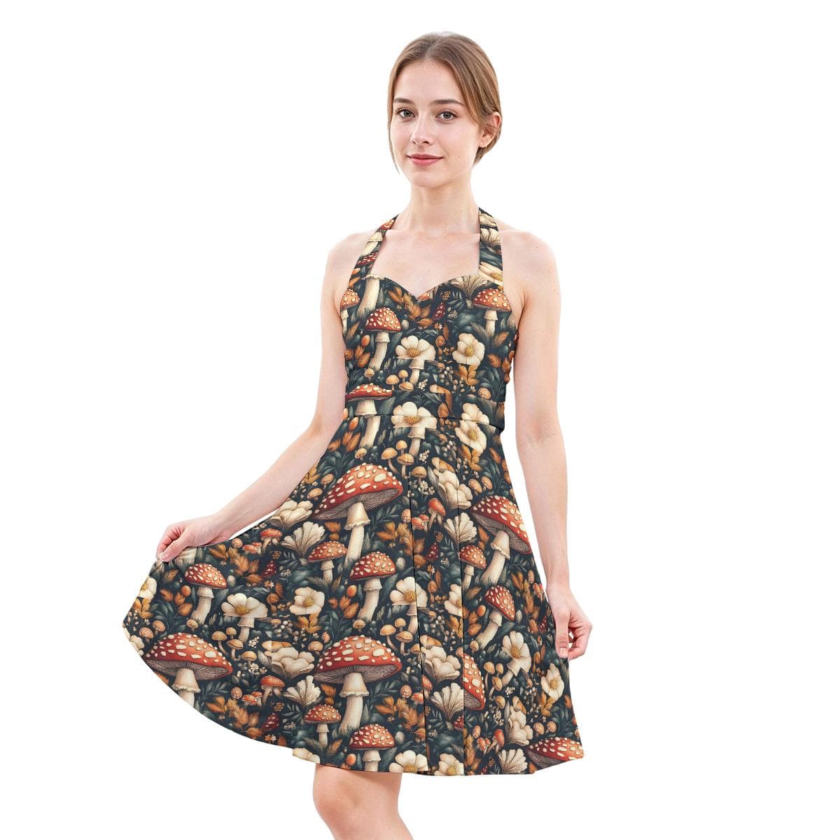 Mushroom Halter Skater Dress | Sweetheart Neckline A-Line Fit