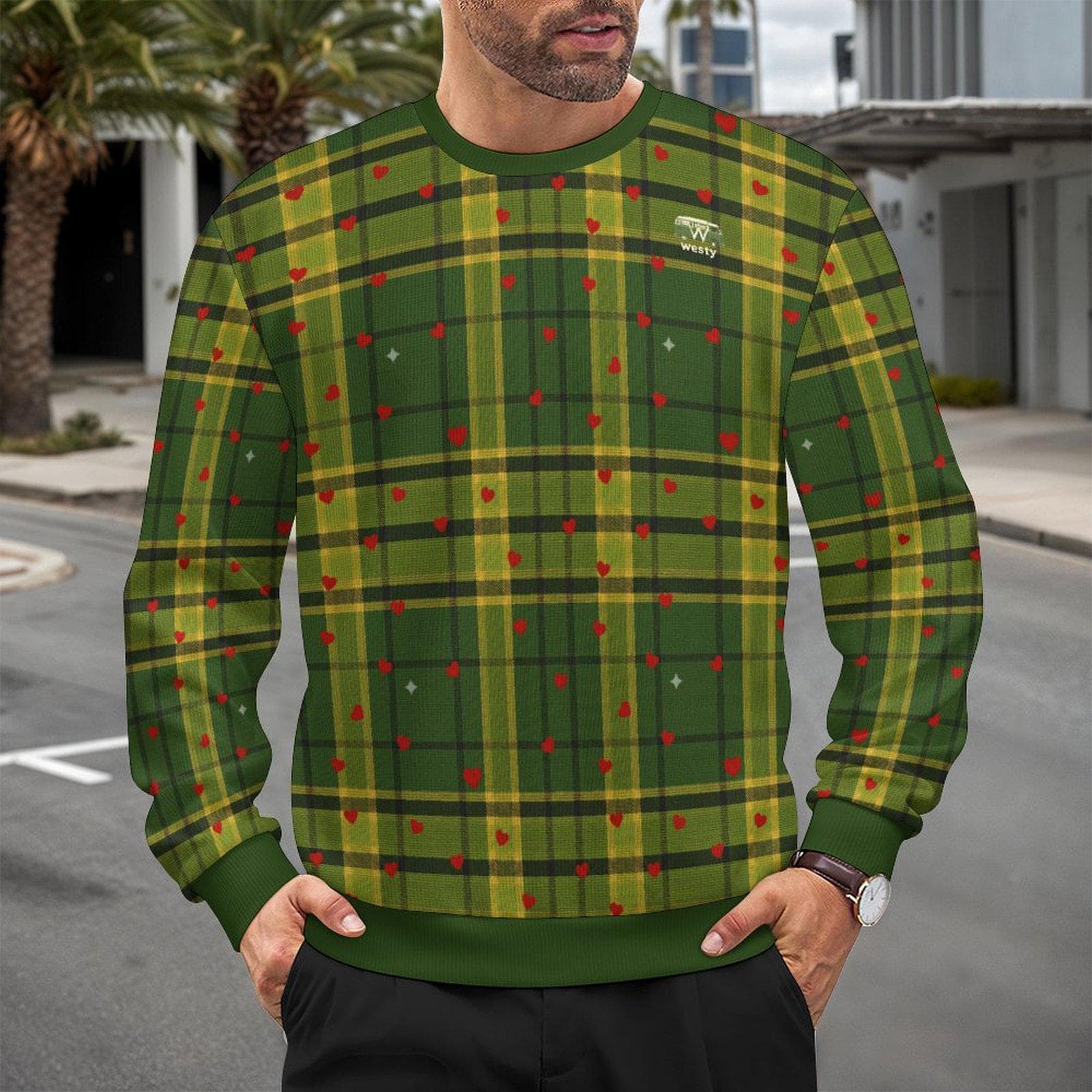 Vintage Westfalia Green Plaid Heart Print Pullover Sweater | Cozy Nostalgic Valentine's Day Top | Westy Adventure Wear