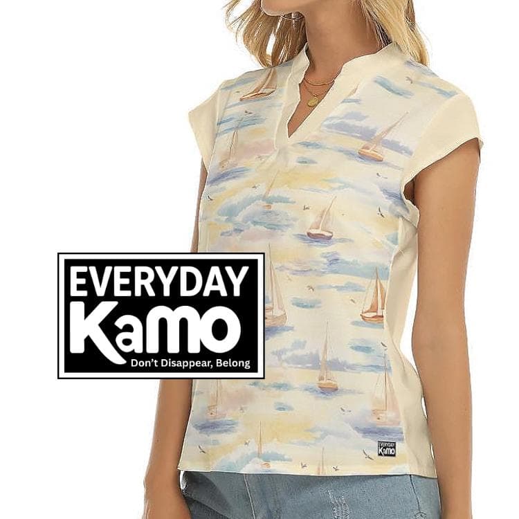 Coastal Sailboat V-Neck Top, Women's Short Sleeve Nautical Print Blouse, Summer Casual Shirt