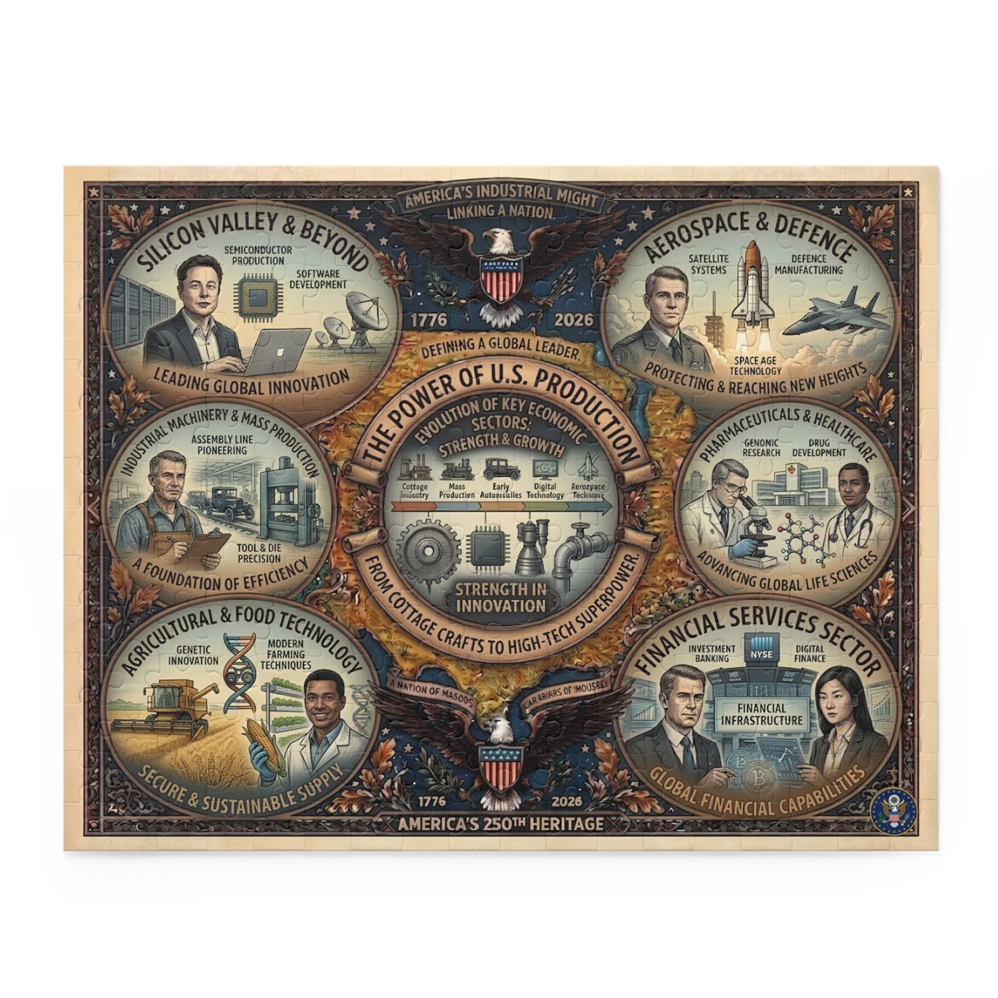 USA 250th Anniversary Illustrated Puzzle | 252/500 Piece Chipboard | Handcrafted