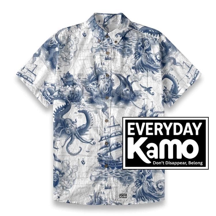Kraken & Sea Monster Map Hawaiian Shirt | Vintage Nautical Pirate Cotton Button-Up for Men