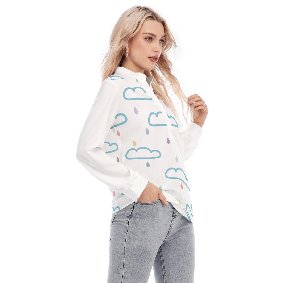 Cloud & Raindrop Blouse | Whimsical Button Up, Long Sleeve Top