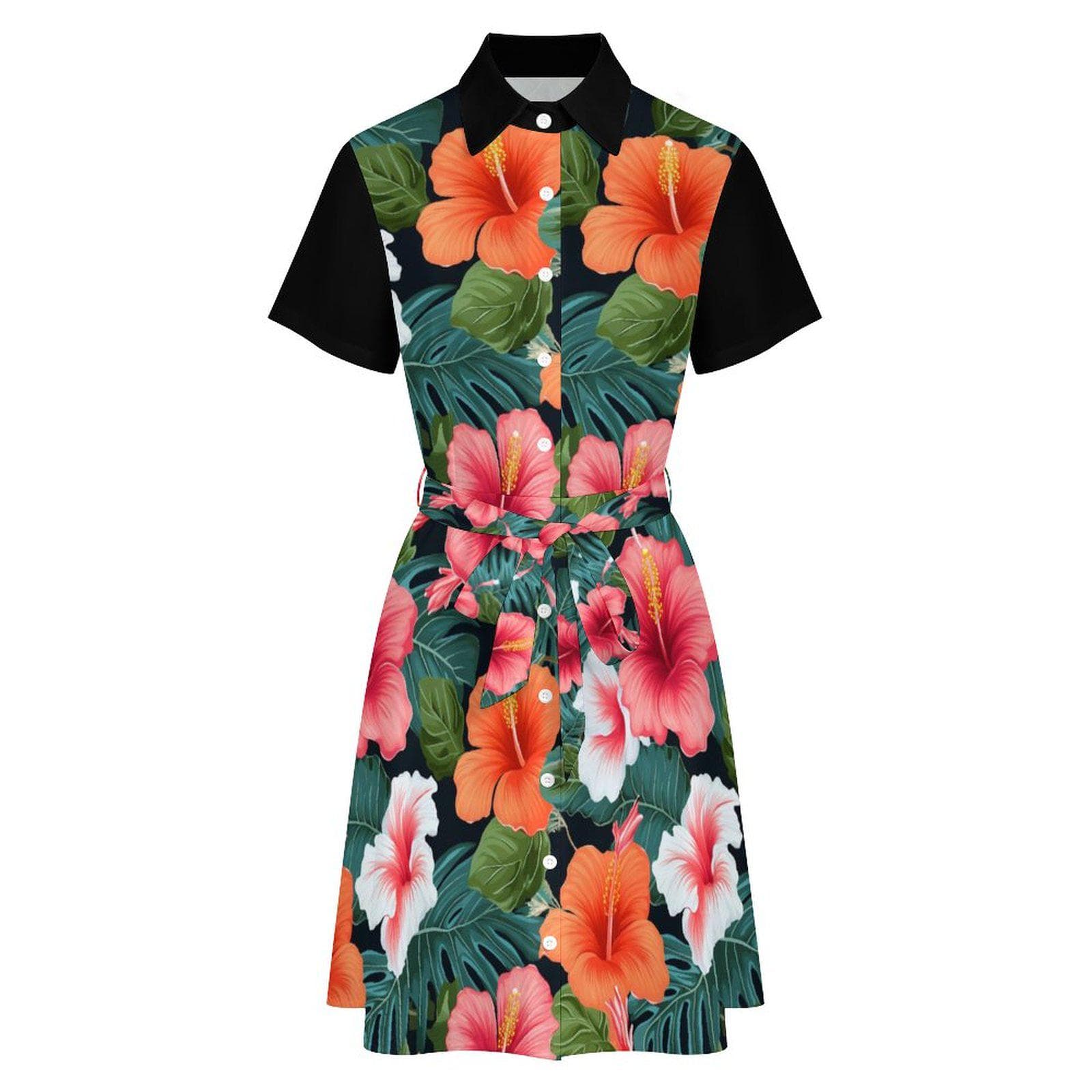 Tropical Hibiscus Shirt Dress | Women's Floral Button Down Collared Sundress with Tie Belt | Vibrant Summer Beach Vacation Resort Wear