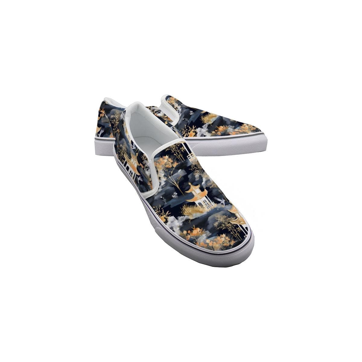 Men's Chinoiserie Pagoda Canvas Slip-On Sneakers | Custom Oriental Art Print Shoes | Comfortable Daily Wear | Unique Designer Gift