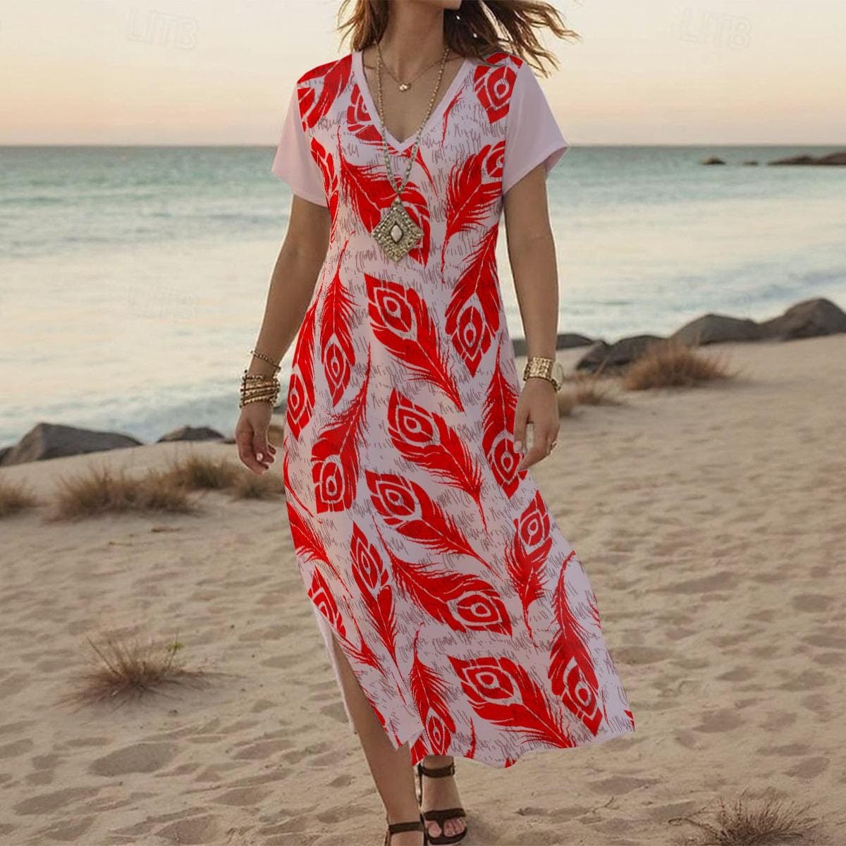 Boho Feather Print Maxi Dress | V-Neck Beach Cover Up | Soft Jersey Summer Dress with Side Slits