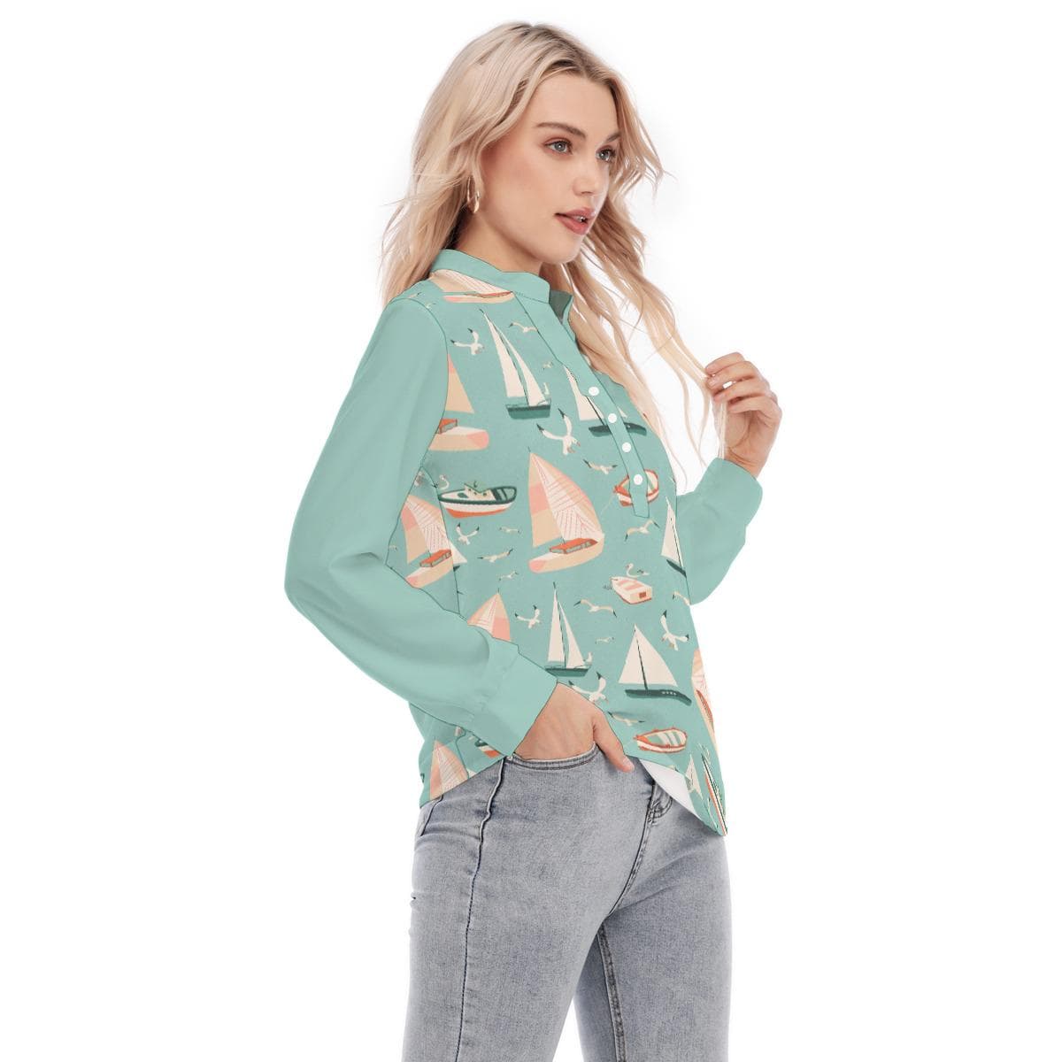 Coastal Sailboat Print Blouse | Women's Nautical Long Sleeve Button-Up Shirt | Summer Ocean Theme Top