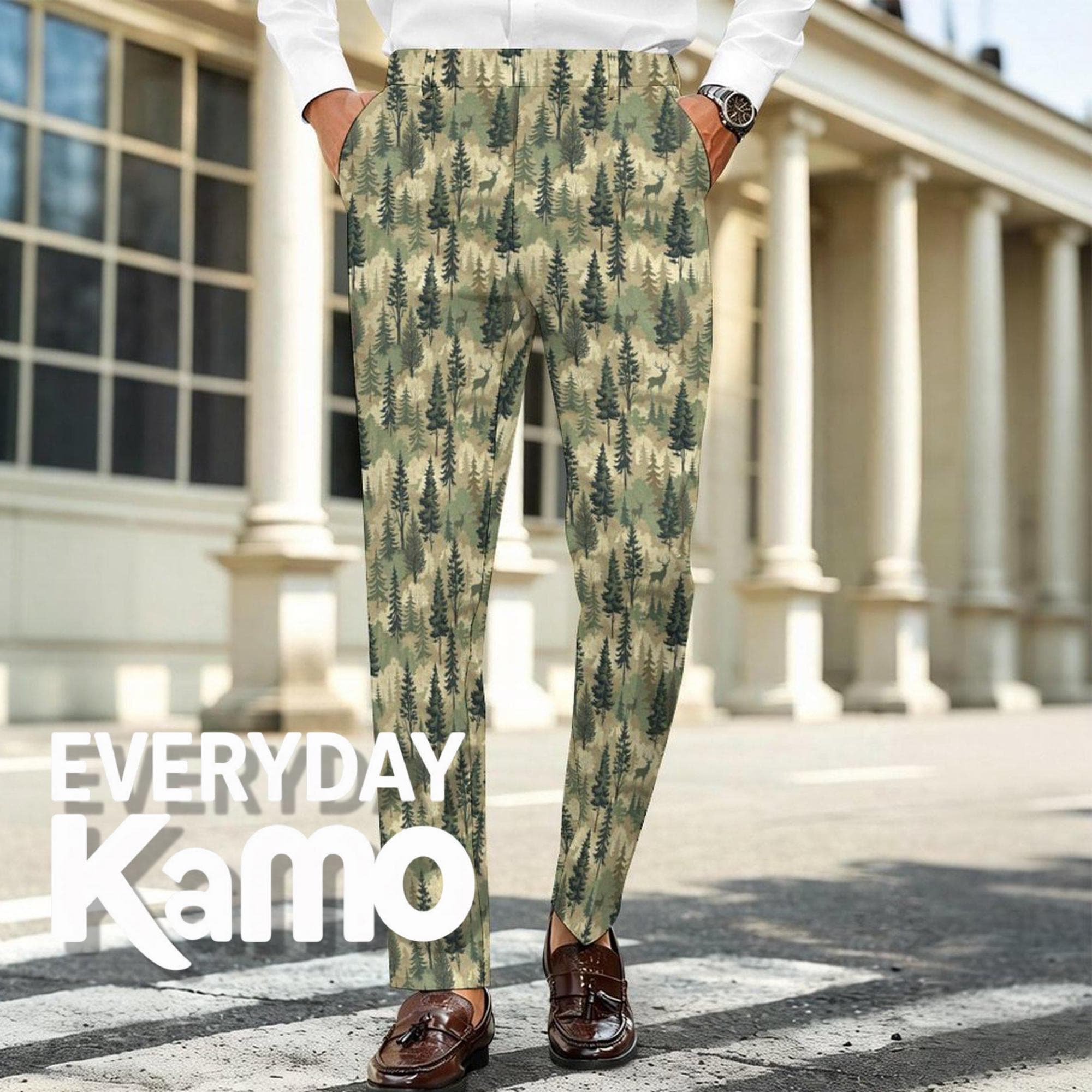 Men's Forest Camo Deer Print Pants | British Knit Fabric Casual Suit Trousers