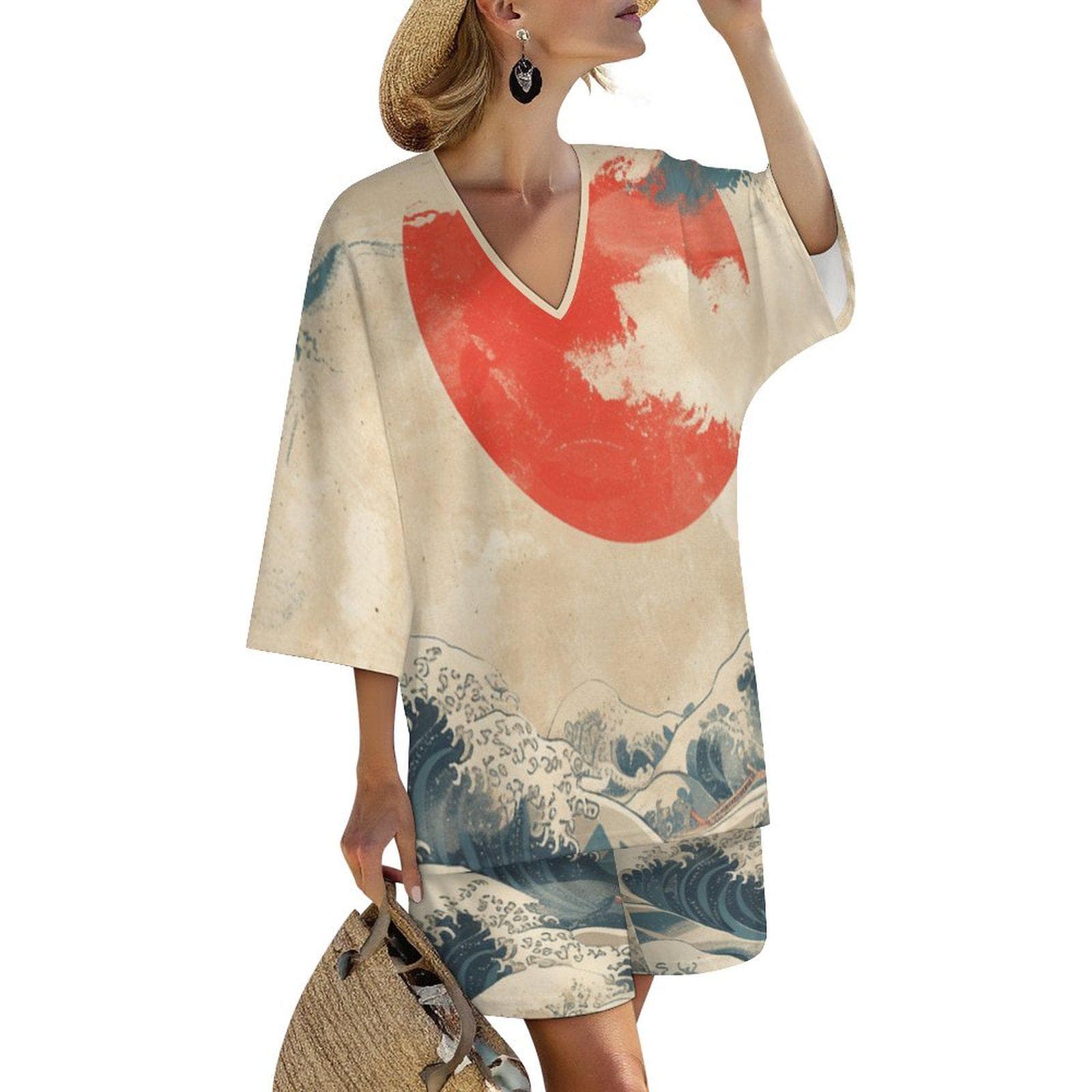 Mediterranean Style V-Neck Suit | Slub Linen Art Wave Print Shorts Set | Batwing Sleeve Resort Wear