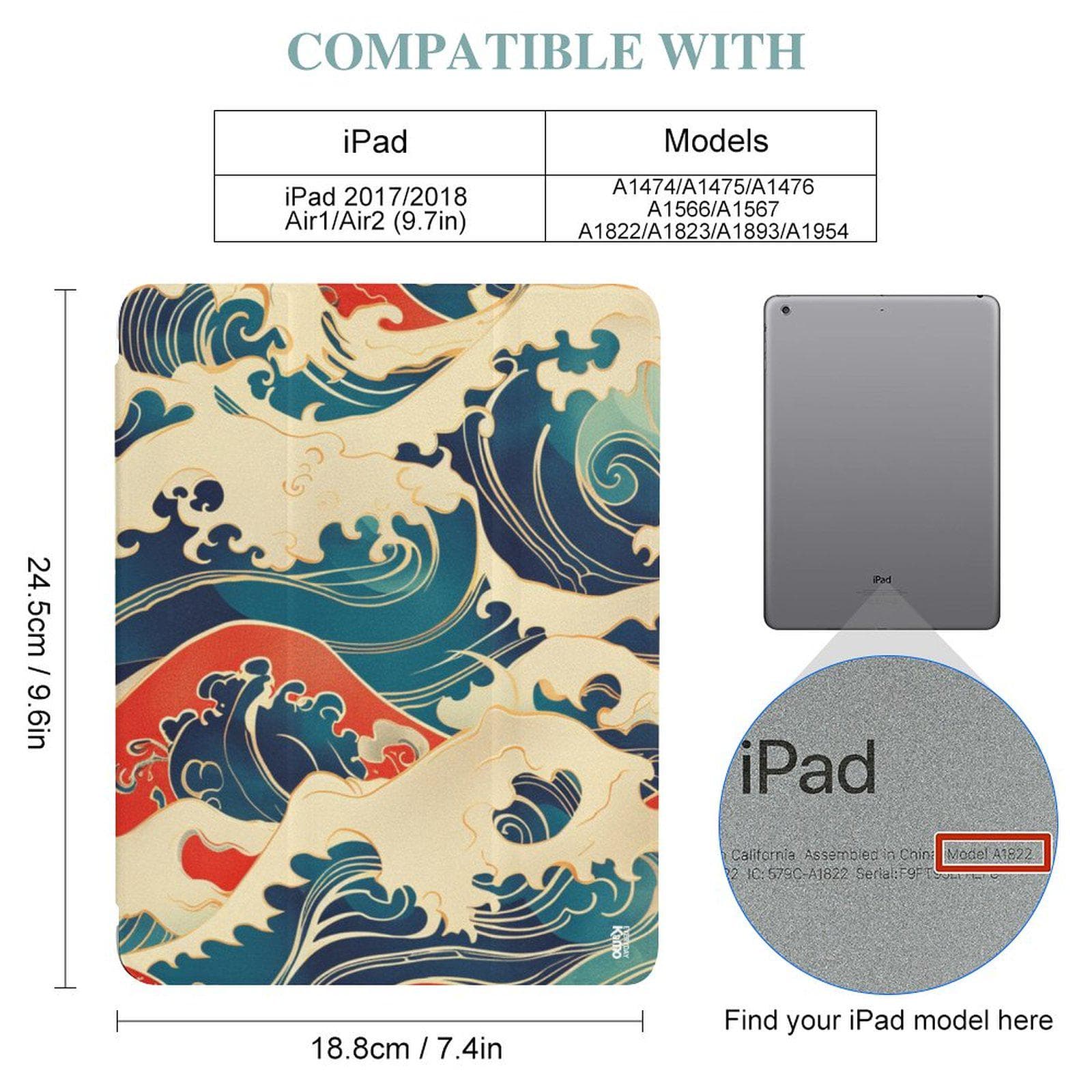 Japanese Wave iPad Case with Apple Pencil Holder | Hokusai Art Faux Leather Protective Tri-Fold Cover