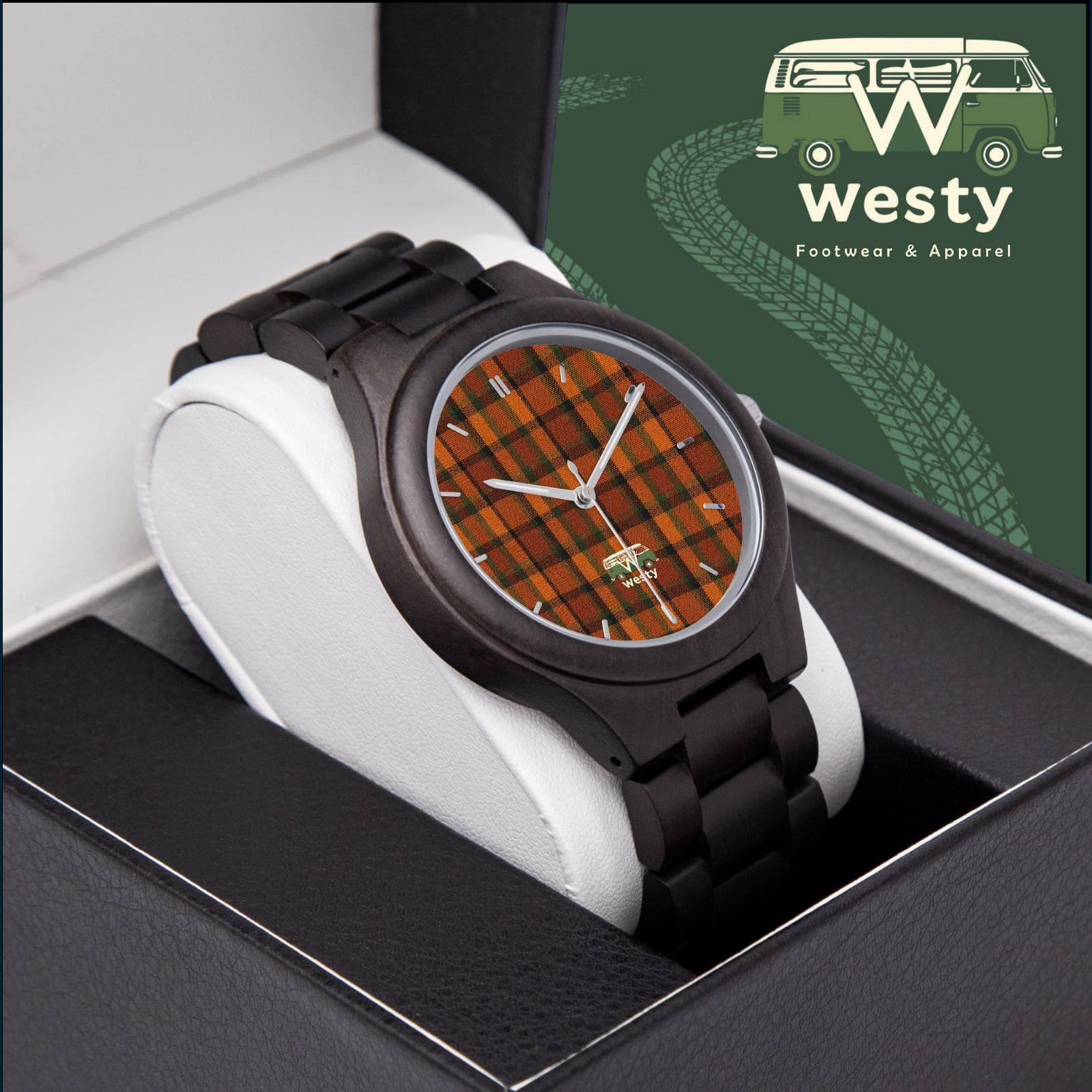 Westy Orange Plaid Wooden Watch | Italian Olive Wood | Van Life Heritage Timepiece | Japanese Citizen Movement | Road Trip Gift