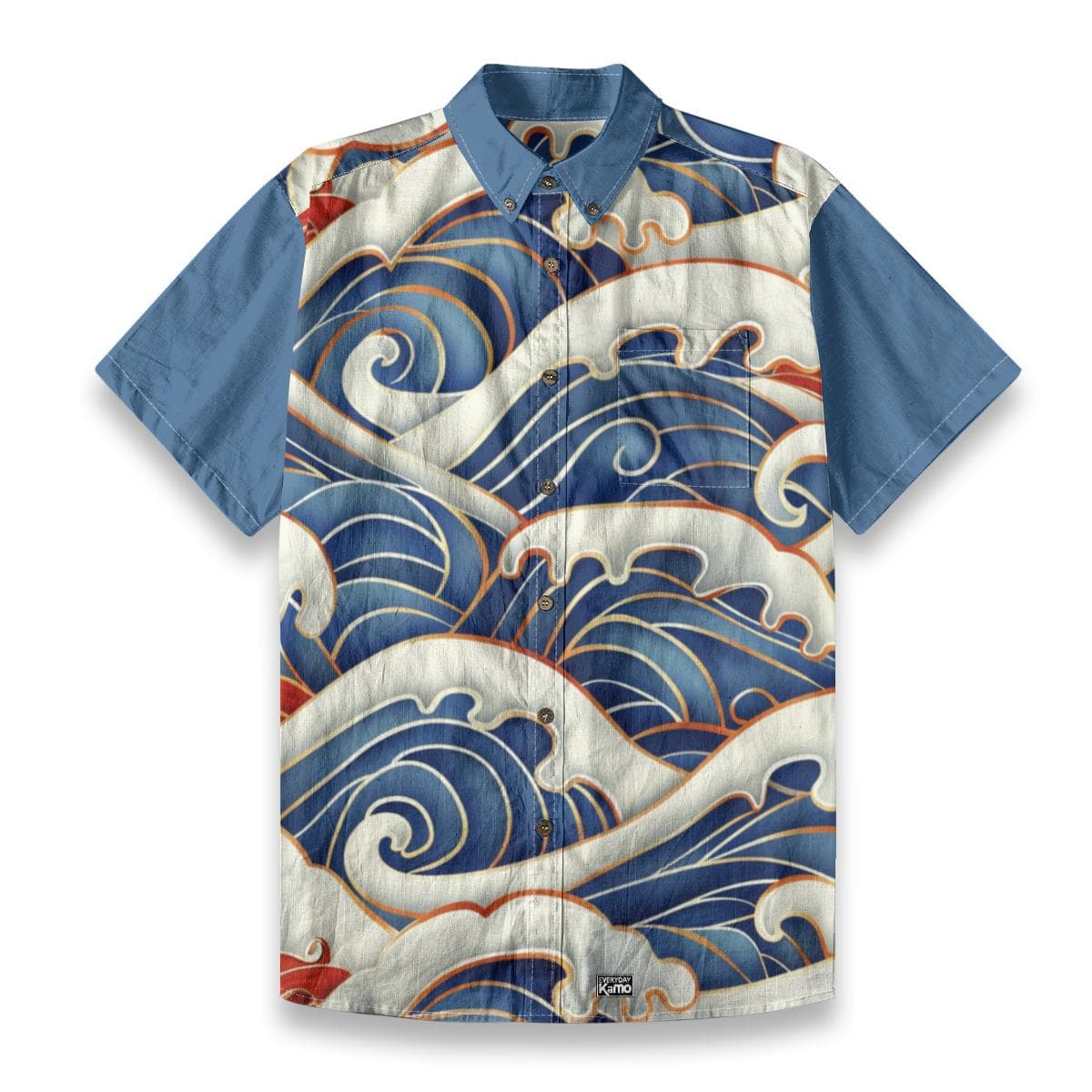 Japanese Wave Cotton Shirt | Men's Ocean Print Aloha Top | Slub Cotton Summer Button Up