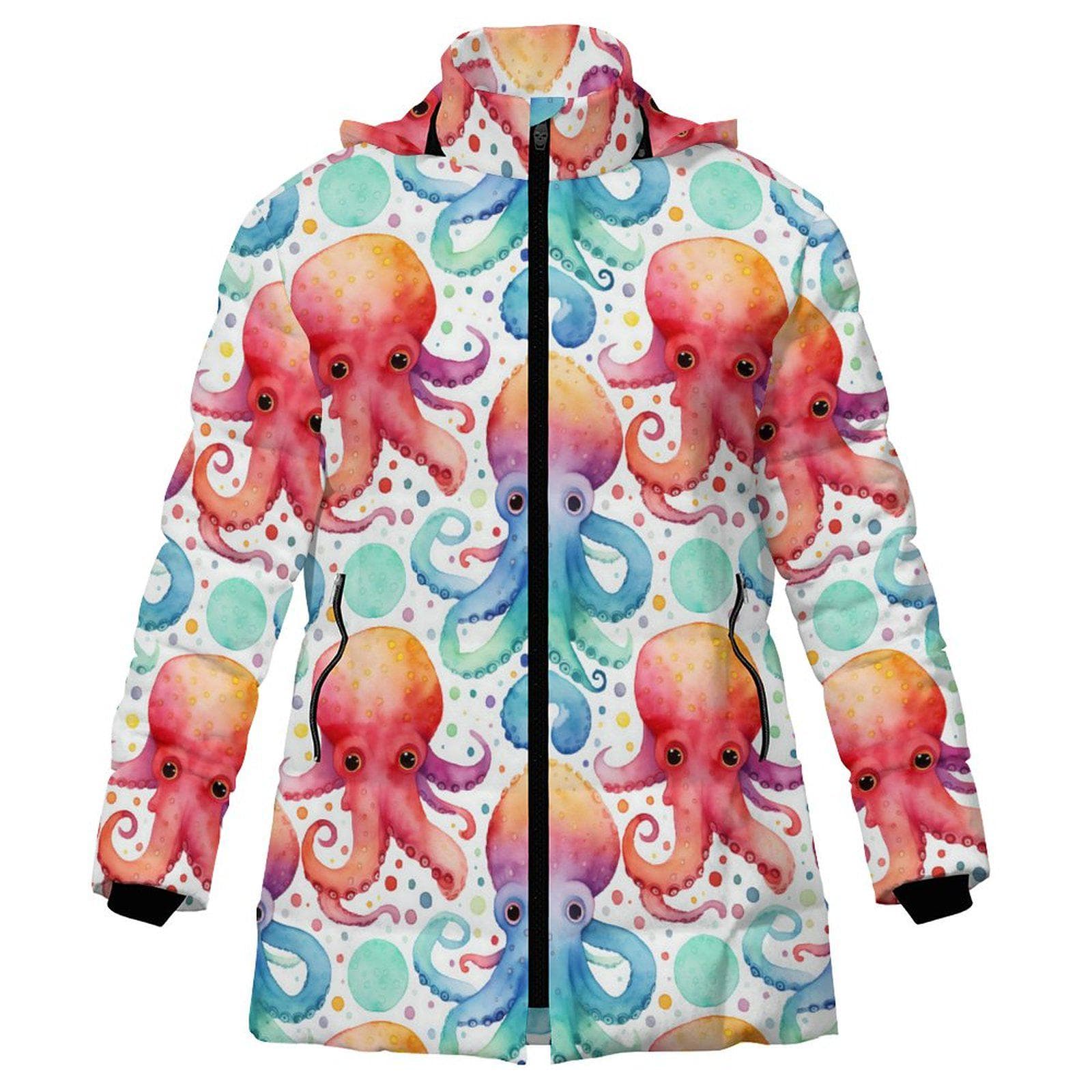 Vibrant Watercolor Octopus Puffer Jacket | Cozy Marine Life Full-Zip Outerwear | Removable Hood